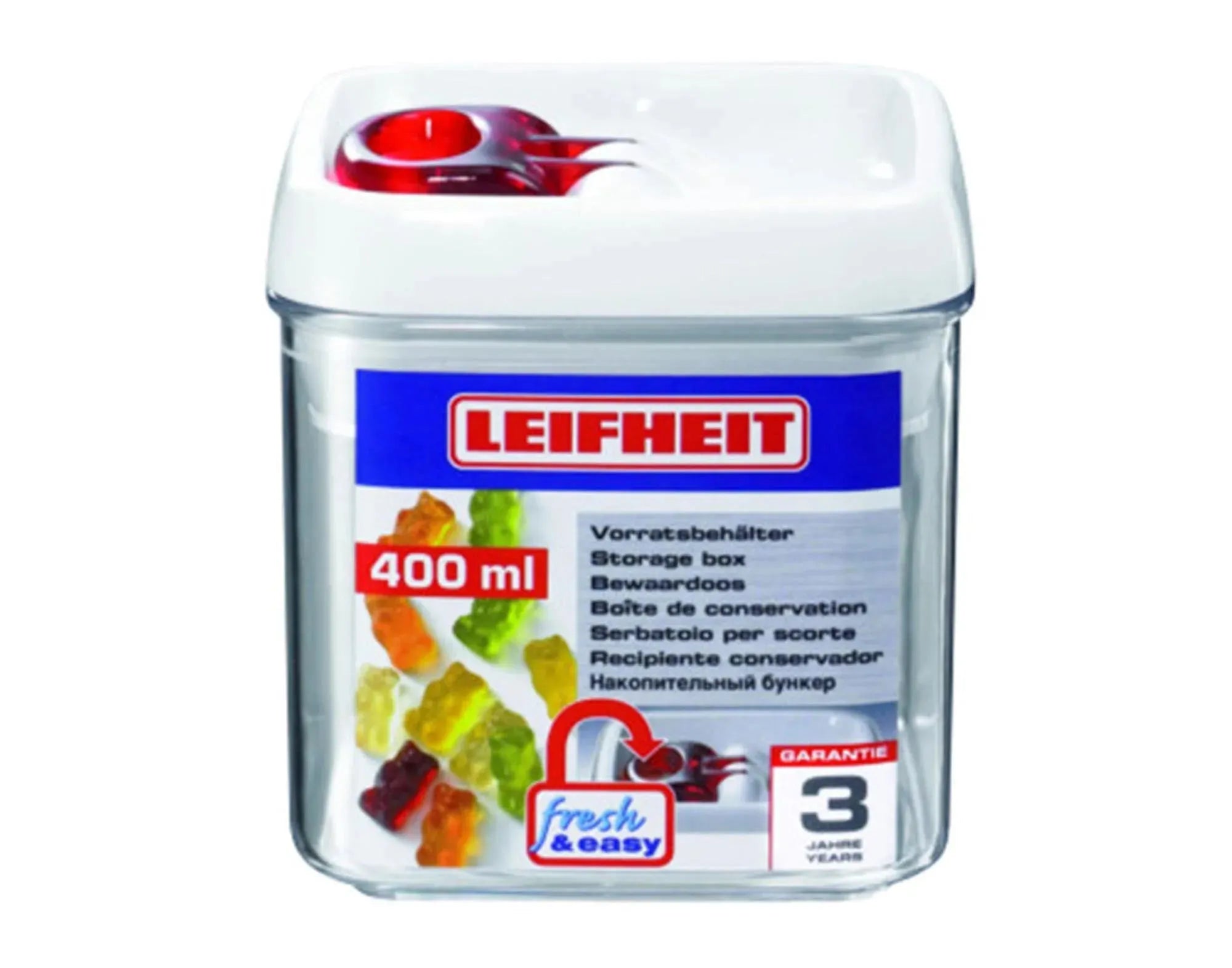 Eckige LEIFHEIT Vorratsdose 0,4 l: BPA-frei, luftdicht, transparent, stapelbar, spülmaschinenfest. Ideal für trockene Lebensmittel.