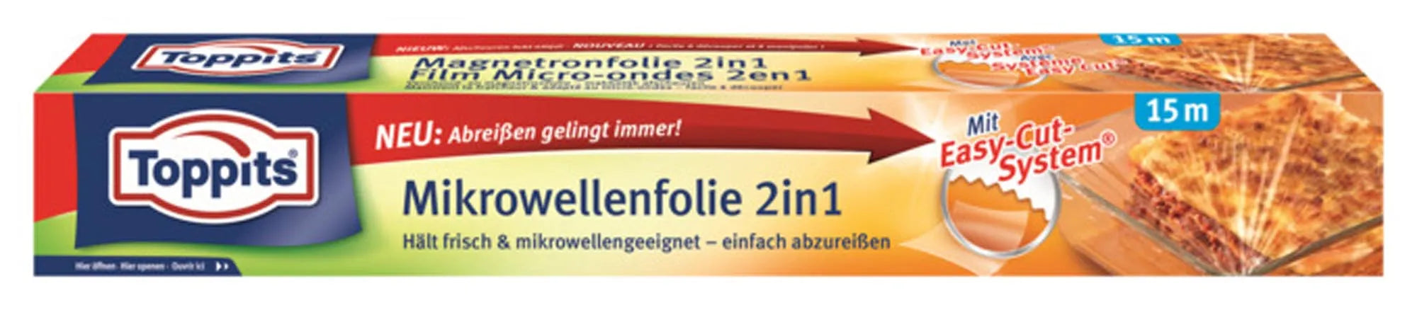 TOPPITS Mikrowellenfolie 2in1: 15m hitzebeständig, mikrowellengeeignet, ideal zum Einfrieren & Erwärmen. Schützt vor Austrocknung.