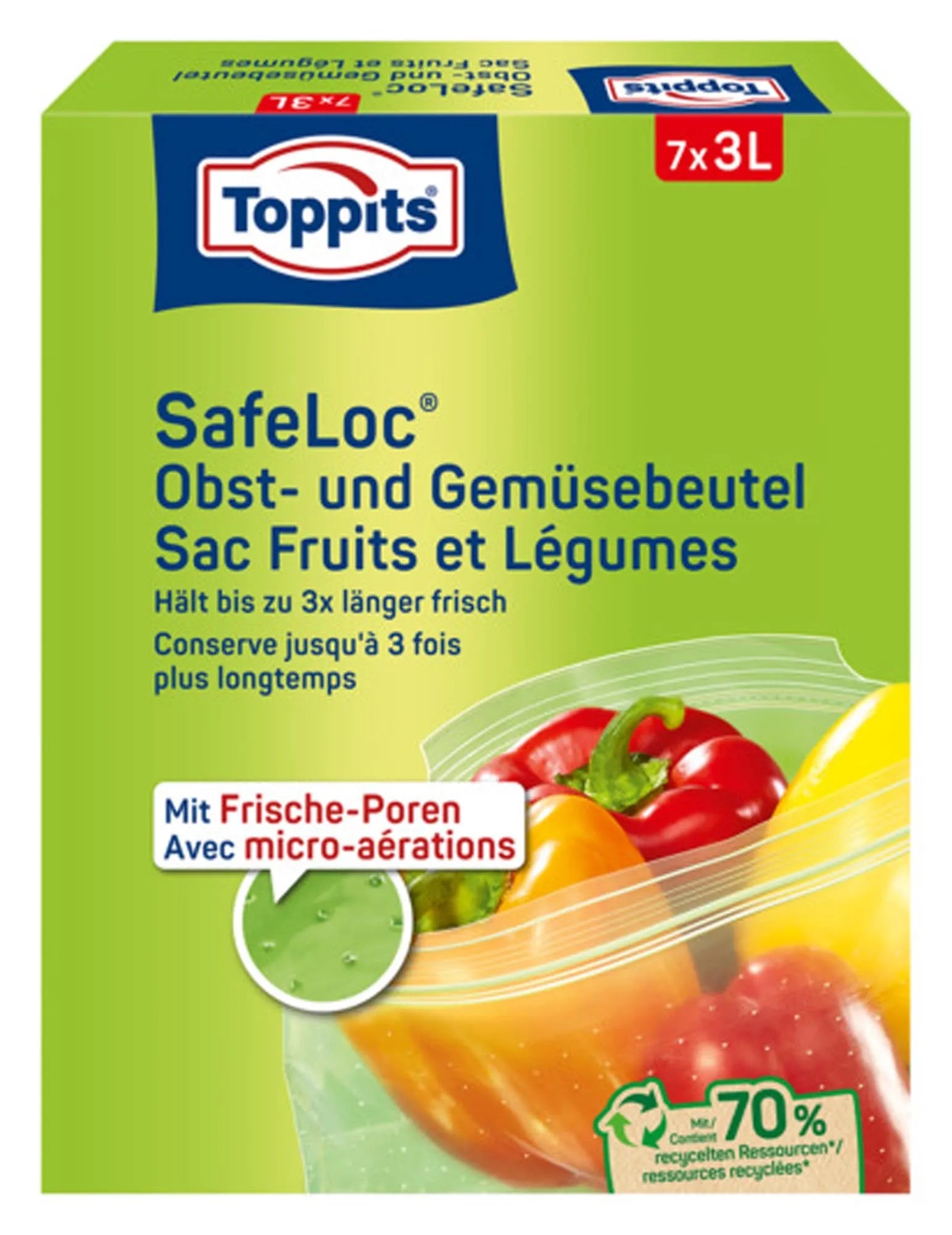 TOPPITS Obst- und Gemüsebeutel: 3L, atmungsaktiv, wiederverwendbar, hält Frische, reduziert Plastikmüll, ideal für nachhaltige Haushalte.