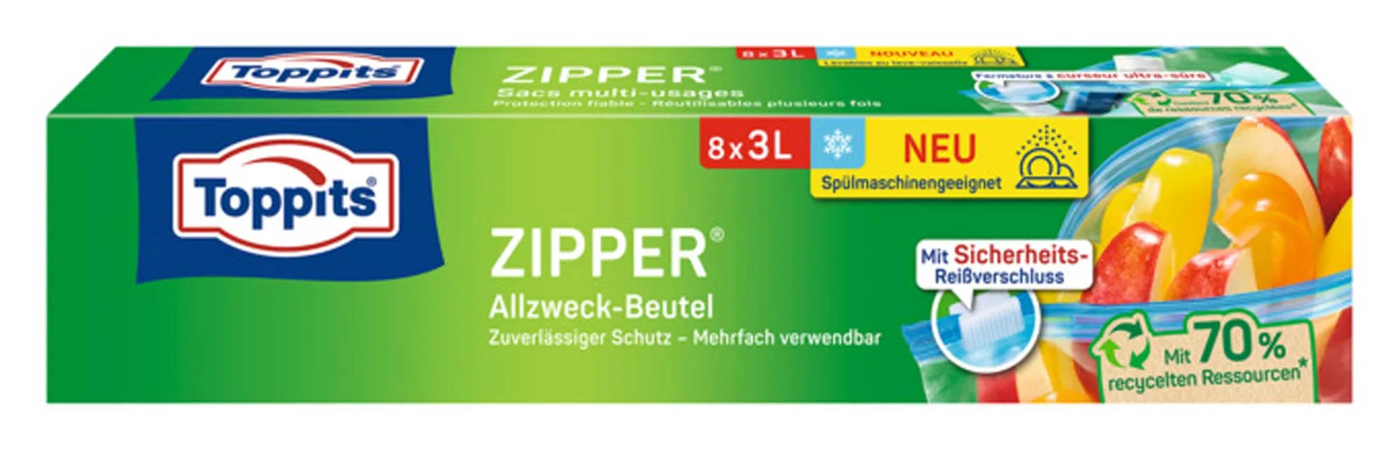 TOPPITS Allzweckbeutel Zipper 3 l: Robuste, flexible Beutel mit luftdichtem Zipper, ideal für Frische und Ordnung in der Küche.