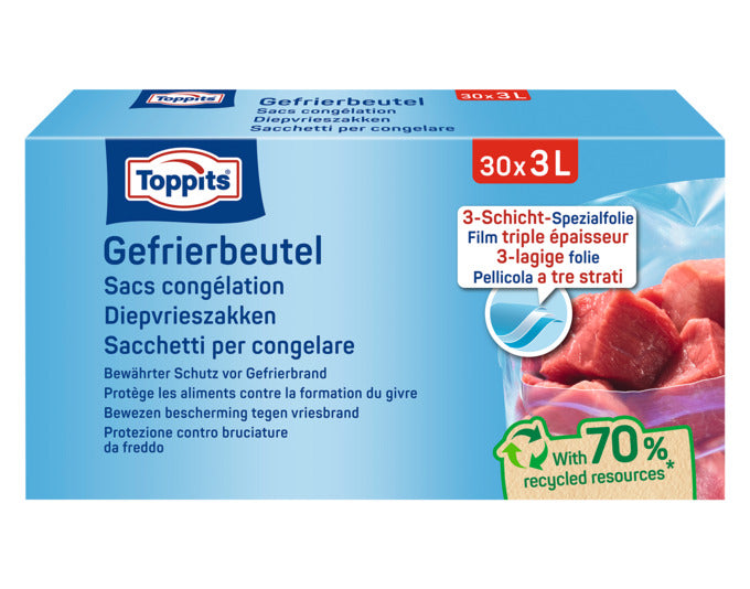 TOPPITS Gefrierbeutel 1 l: BPA-frei, mit Zip-Verschluss, ideal für Obst, Gemüse, Fleisch. Transparent für einfache Sichtkontrolle.