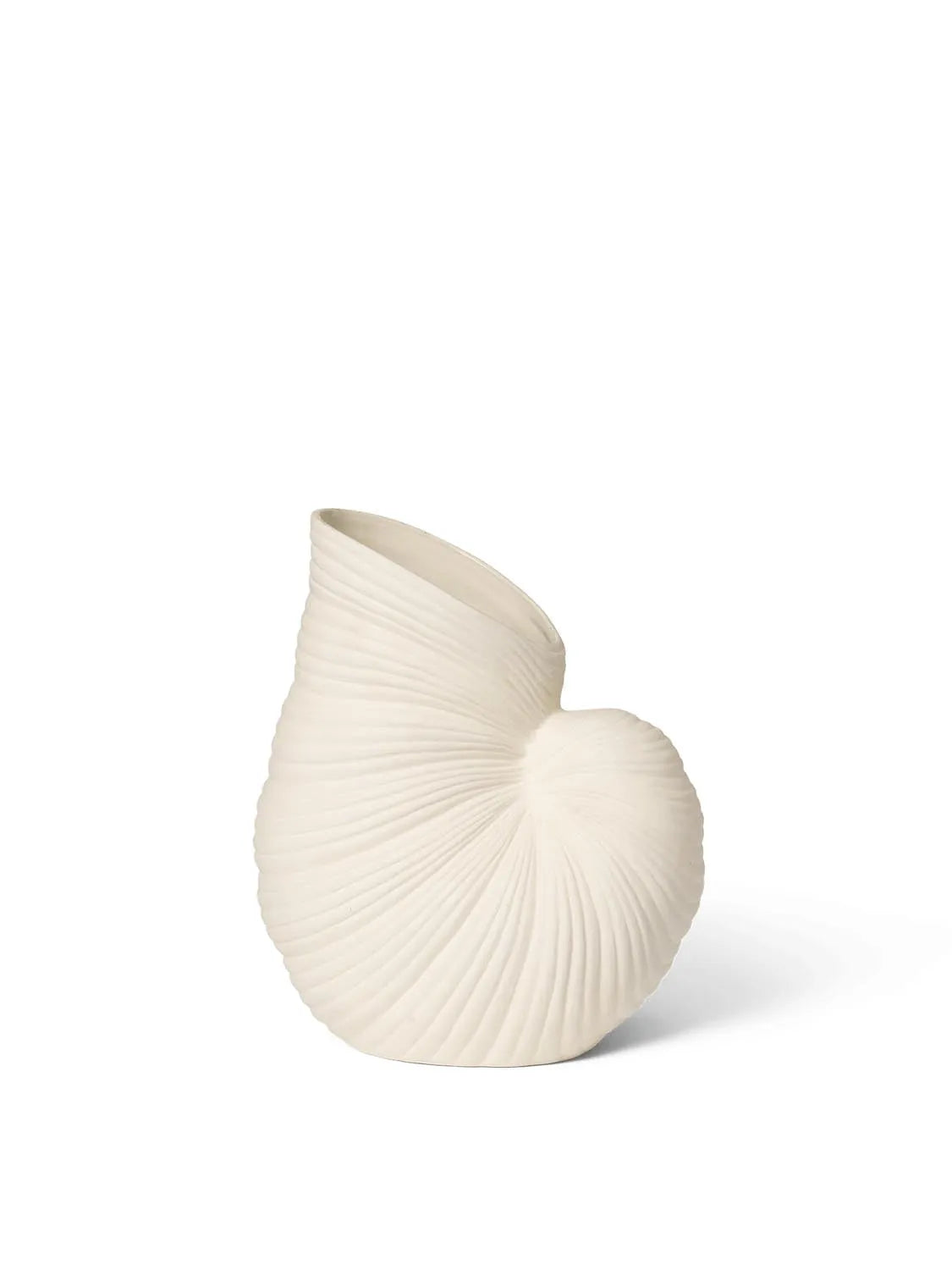 Elegante Shell Vase aus Keramik, inspiriert vom Ozean, mit skulpturaler Form und natürlicher, unglasierter Oberfläche.