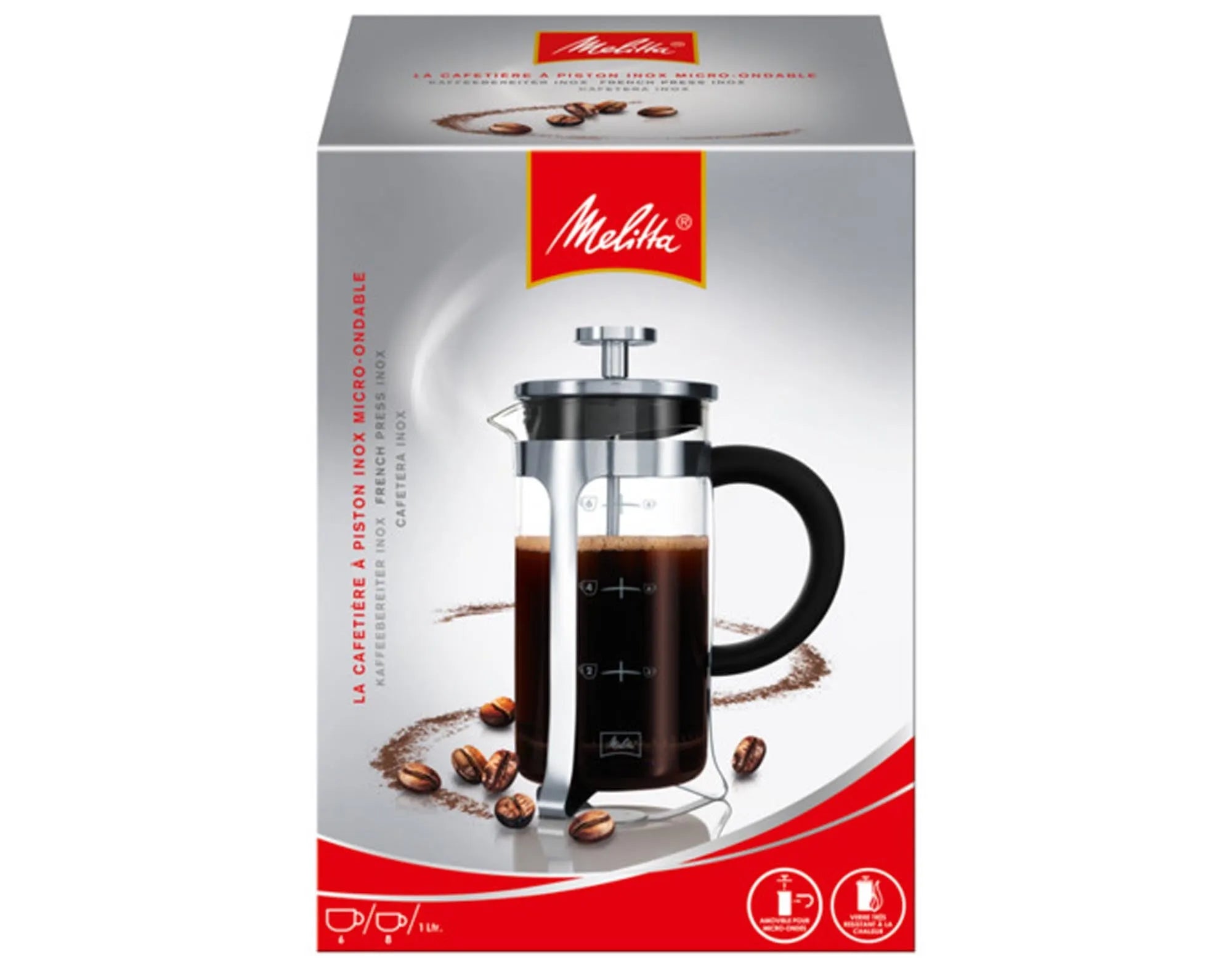 Eleganter Melitta Kaffeezubereiter aus Edelstahl, 1000 ml, für 8 Tassen. Ergonomisch, spülmaschinenfest, ideal für aromatischen Kaffee.