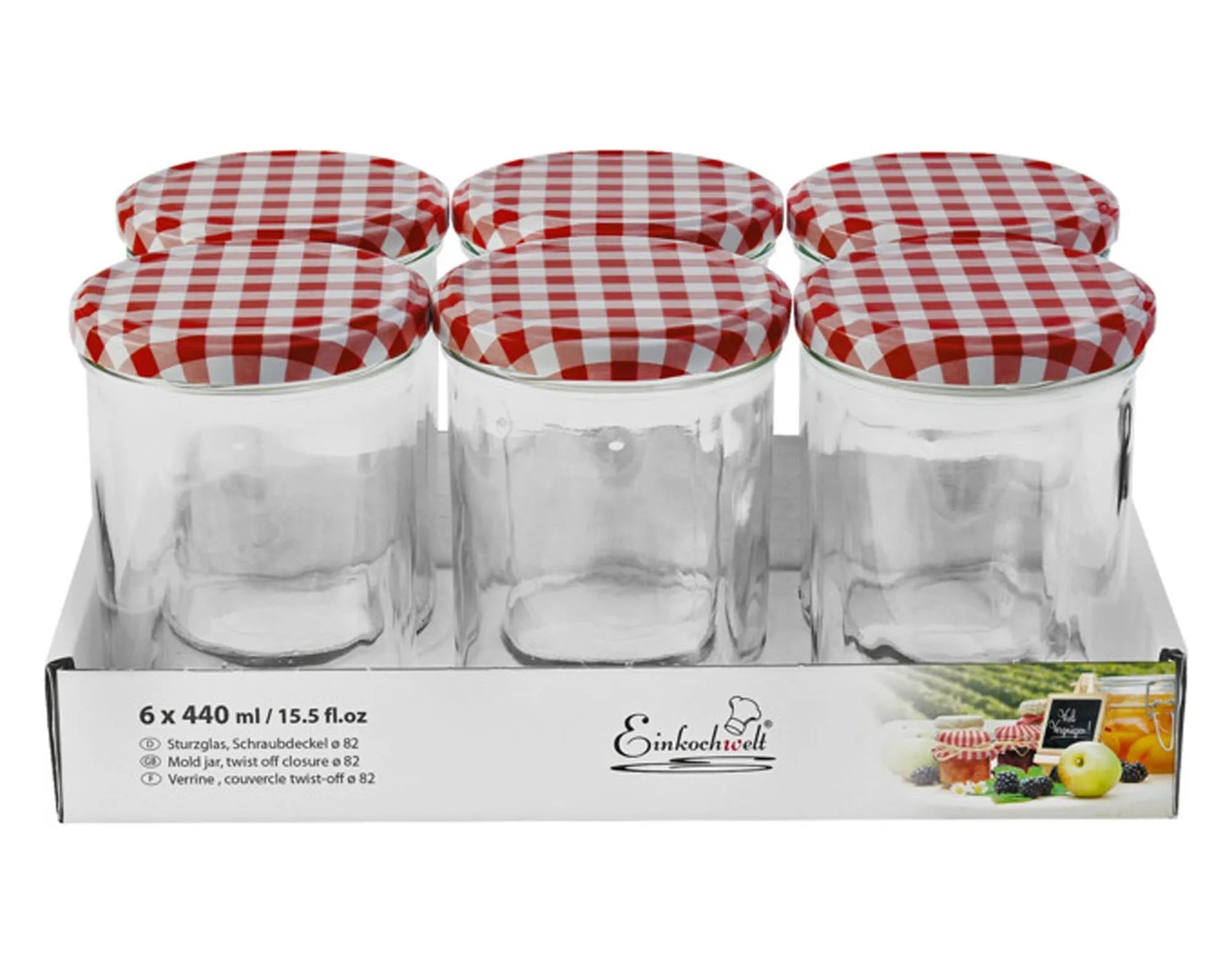 Set aus 6 karrierten Gläsern (440 ml) mit luftdichten Deckeln von EINKOCHWELT – ideal für Marmelade, Saucen und mehr.