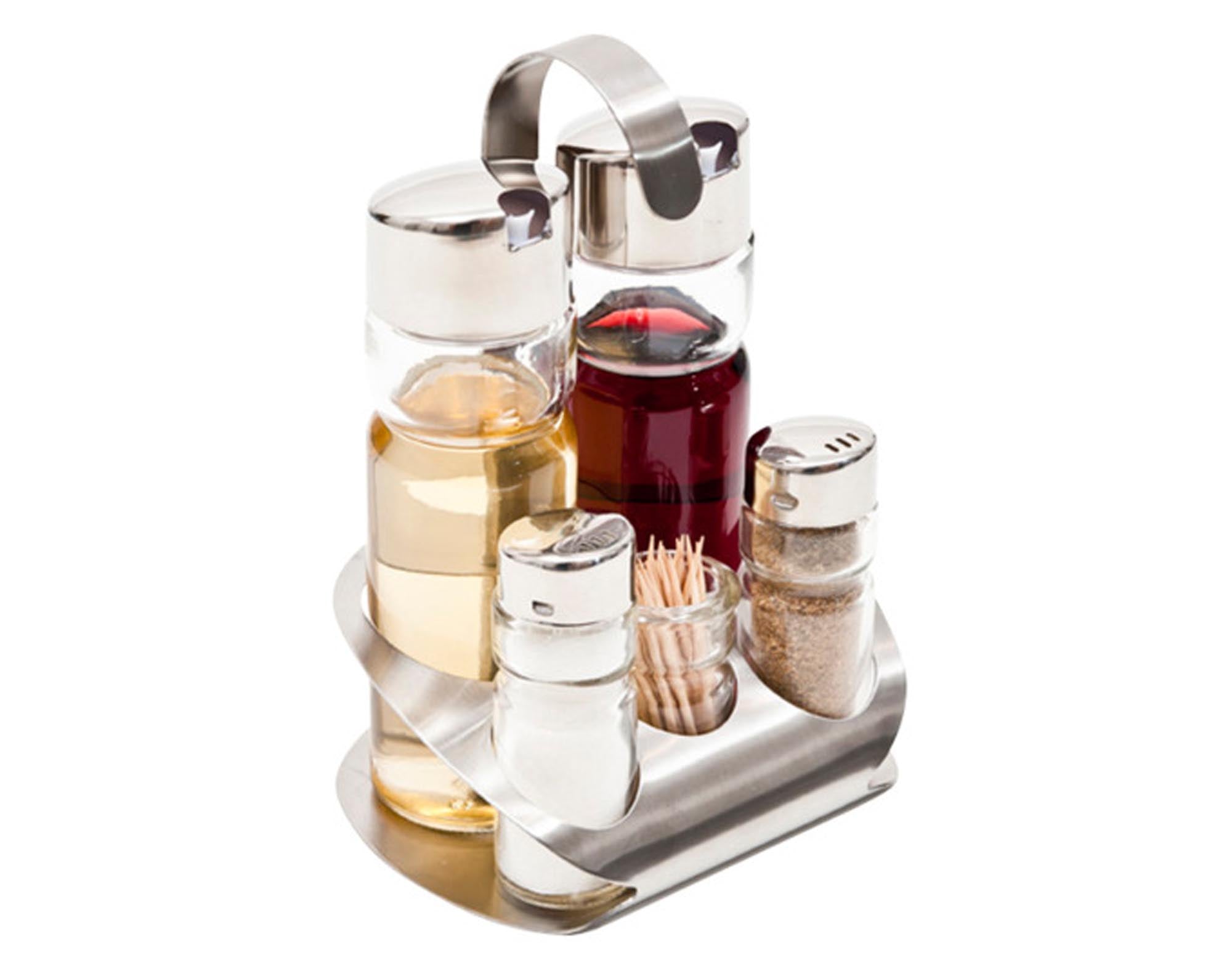 Entdecken Sie die stilvolle Menage Amalfi Inox 5-teilig von EVA COLLECTION. Hochwertiger Edelstahl, zeitloses Design und praktische Funktionalität für jeden Tisch.