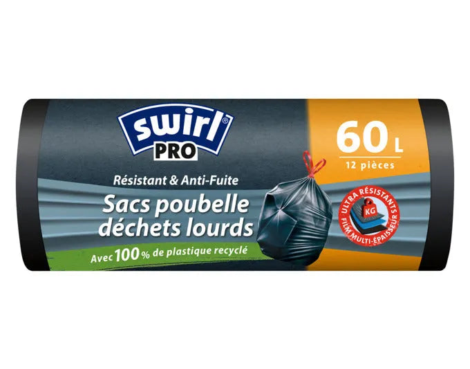 Robuste SWIRL Abfallsäcke 60 l, ideal für Haushalt und Garten, reißfest und zuverlässig, für saubere Entsorgung.