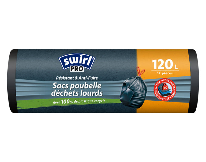 Robuste SWIRL Abfallsäcke 120 l, ideal für große Müllmengen, reißfest und zuverlässig, perfekt für Haushalt und Gewerbe.