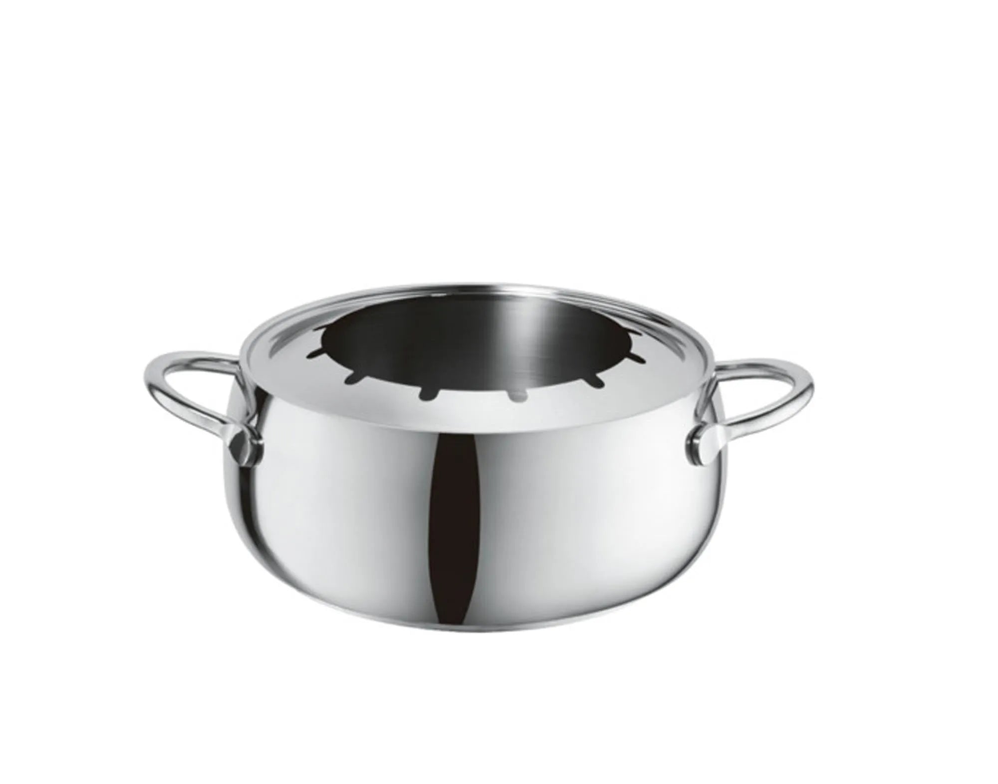 Eleganter Edelstahl-Fondue-Topf (ø 23 cm) von STÖCKLI: Perfekte Wärmeverteilung, spülmaschinenfest, ideal für gesellige Abende.