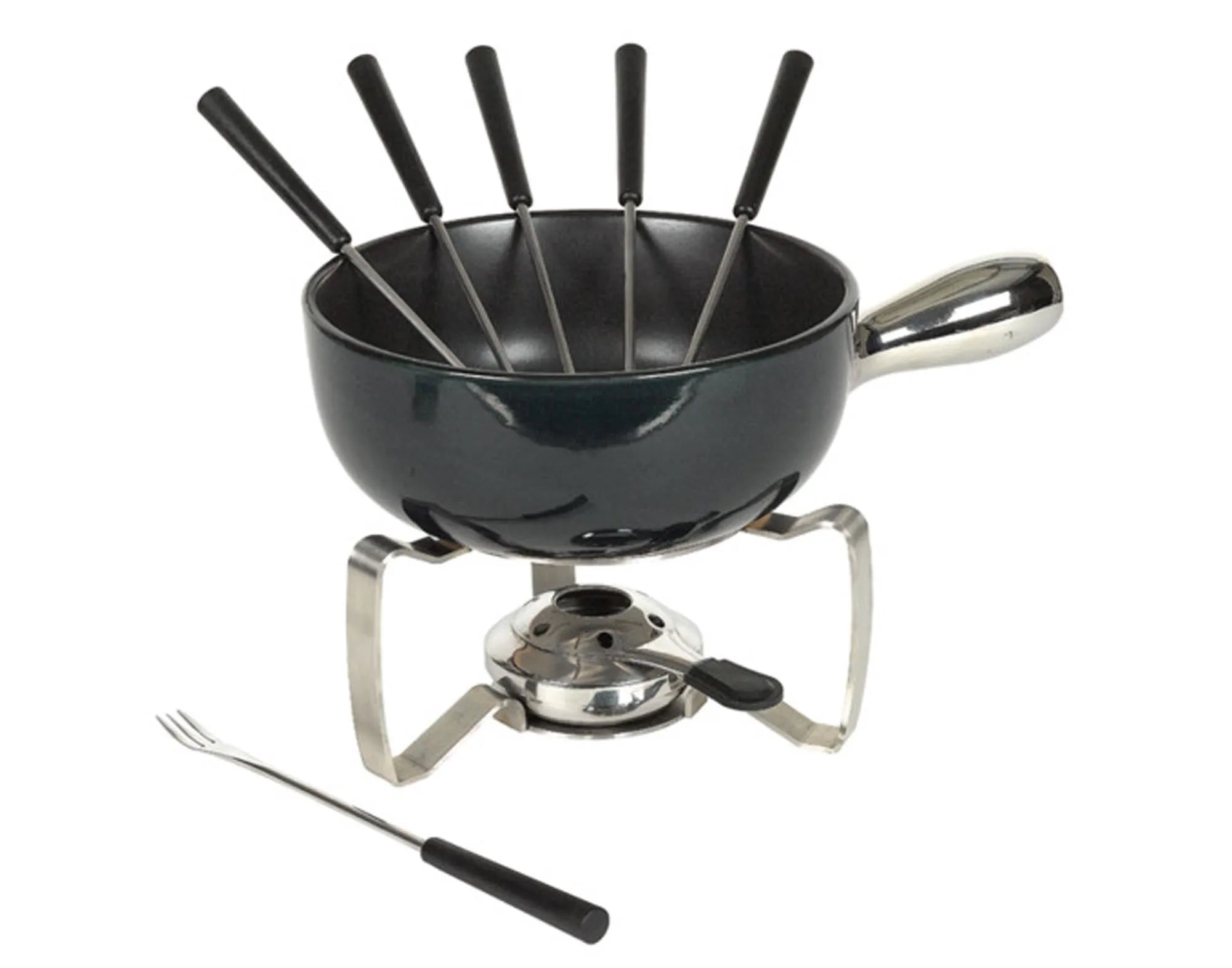 Elegantes Fondueset aus Edelstahl, ideal für Induktion. Inkl. Spritzschutz & 6 Gabeln. Perfekt für gesellige Fondue-Abende.