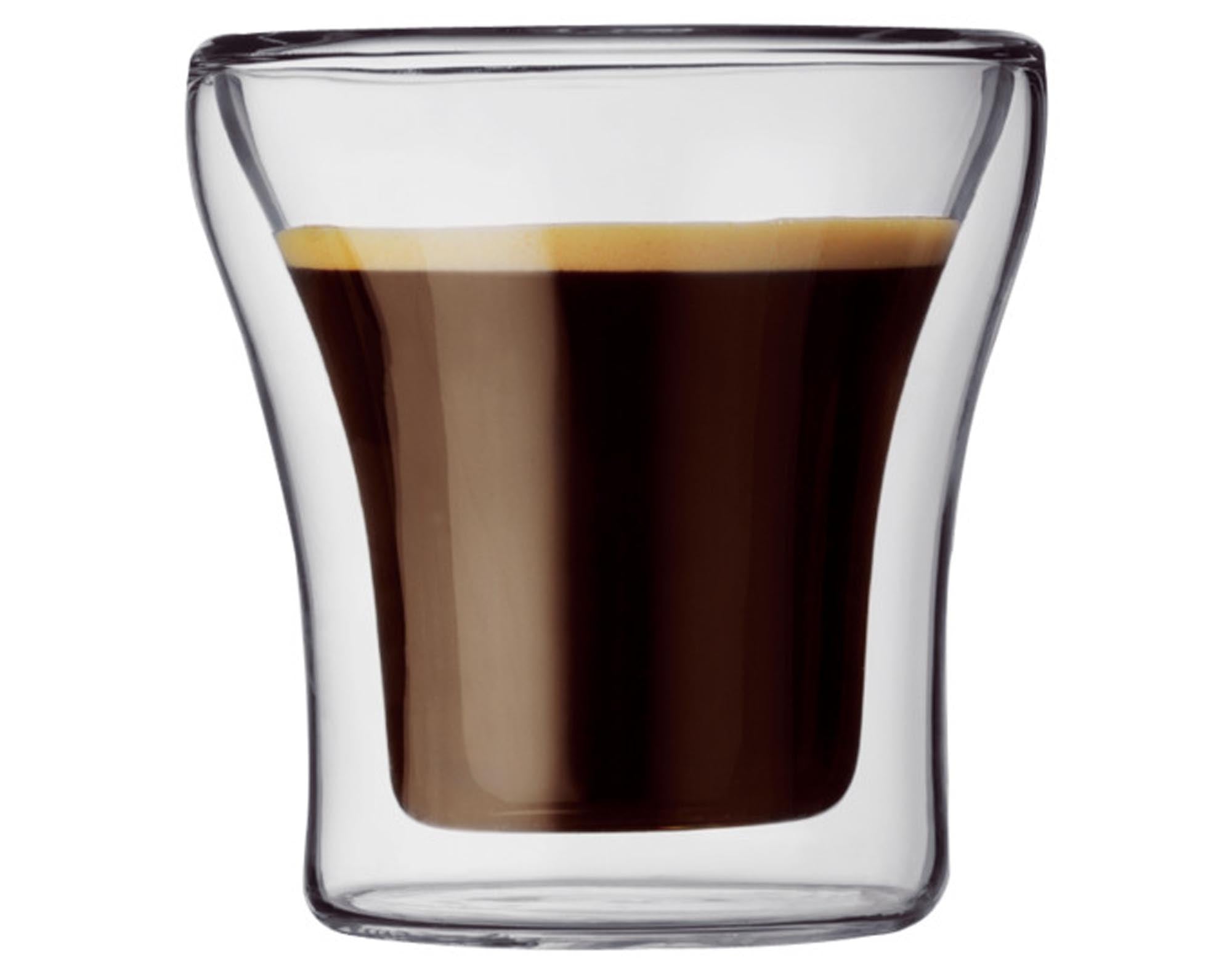 Doppelwandige Assam Gläser von BODUM: 0.1 l, Borosilikatglas, hält Espresso warm, schützt Hände, stilvoll und funktional.