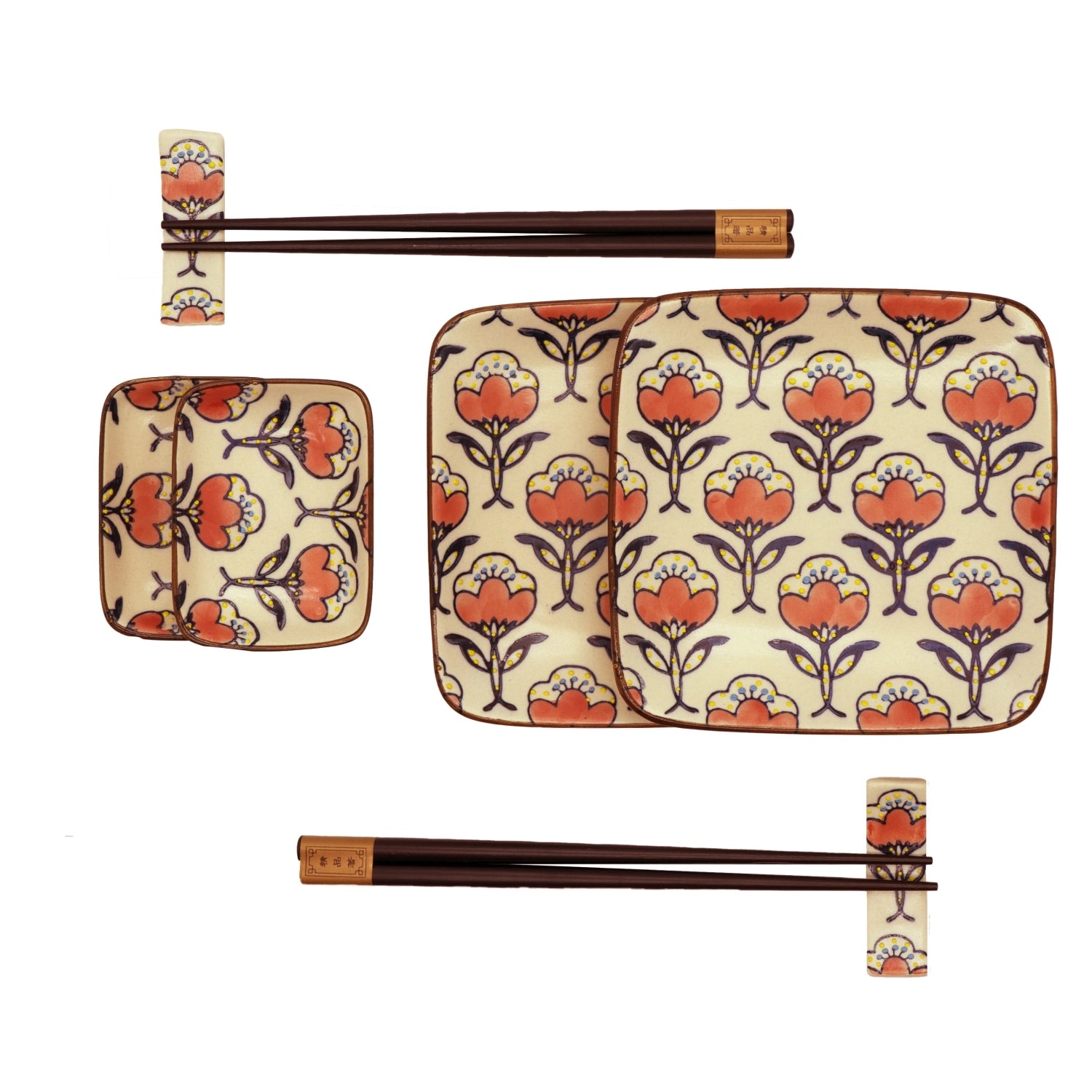 2 Set plates, bowls, chopsticks, 13x13cm 8x5.7cm red