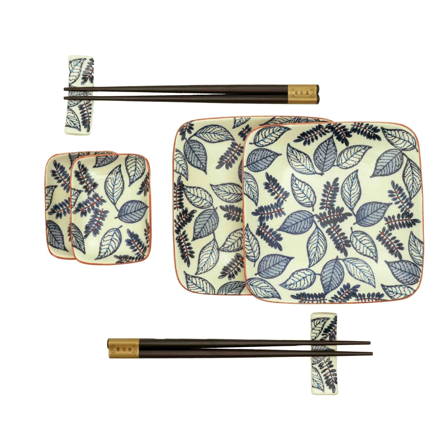 Elegantes 2er Set Teller und Schüsseln in Blau, ideal für Snacks und kleine Gerichte, inklusive Stäbchen, perfekt für asiatische Küche.