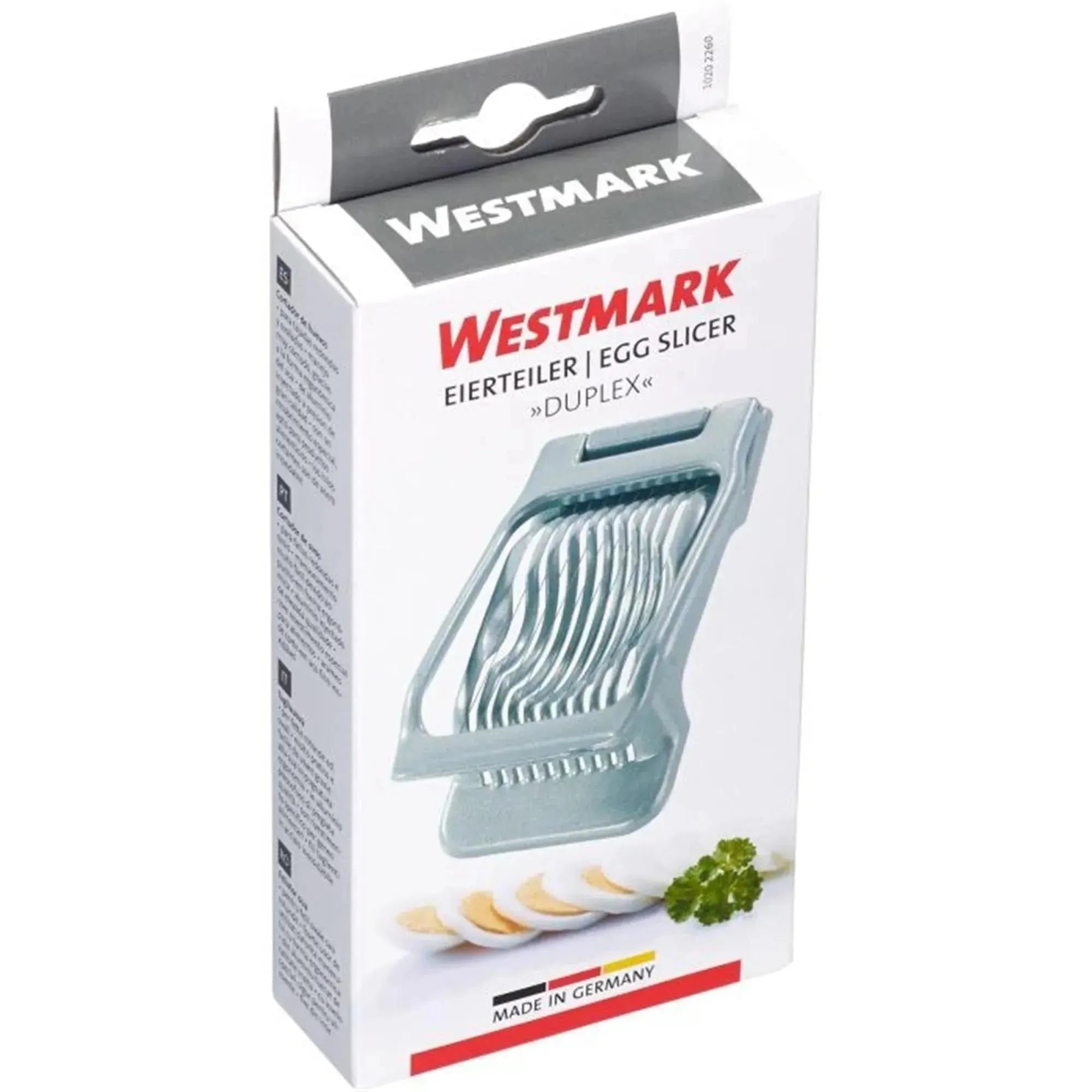 Praktischer Eierteiler Duplex von Westmark, 13.5x8x3.5cm, ideal zum Schneiden und Teilen von Eiern in gleichmäßige Scheiben.