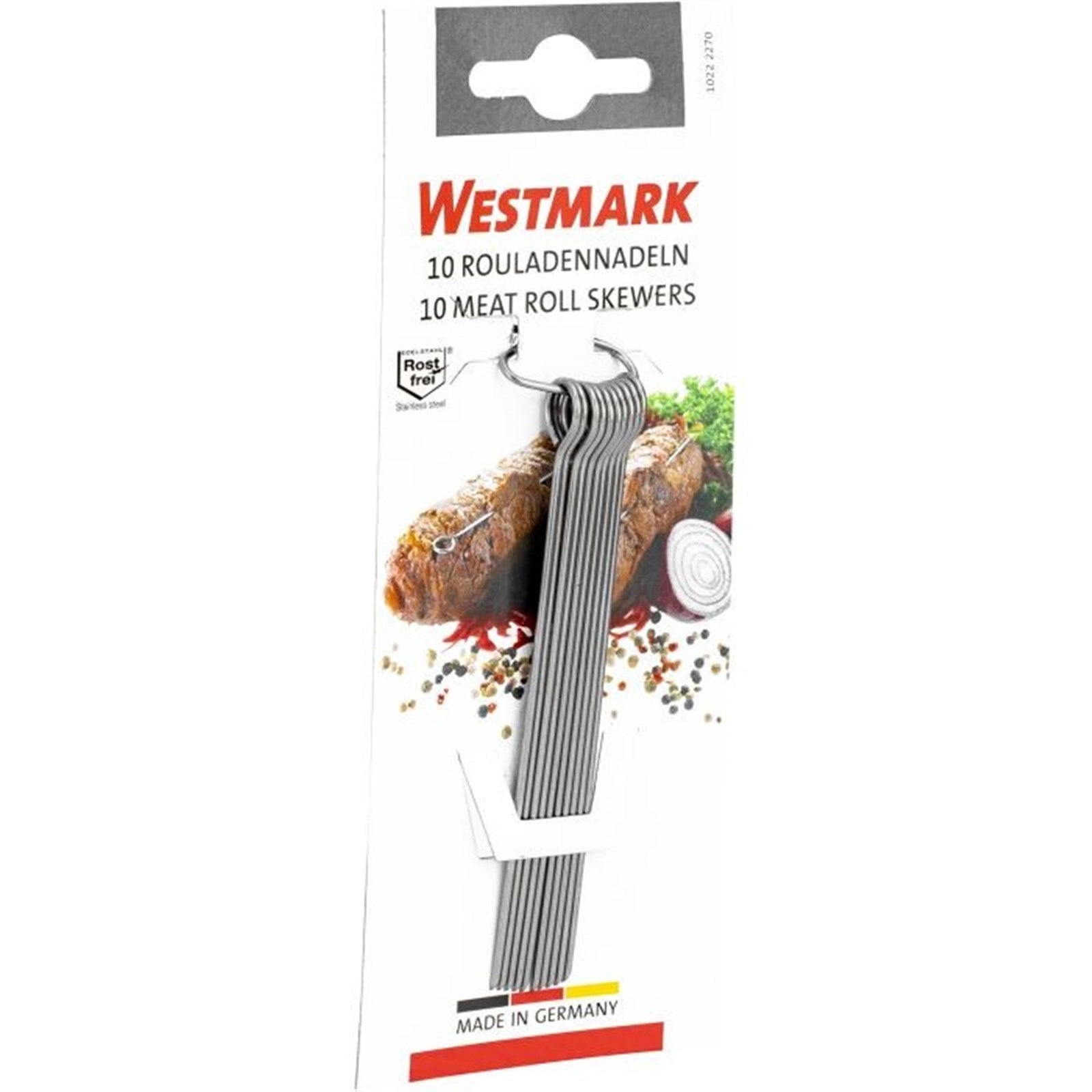 10 Edelstahl-Rouladennadeln von Westmark, perfekt für Rouladen, langlebig, spülmaschinengeeignet, Masse: 10x0.3x0.3cm.