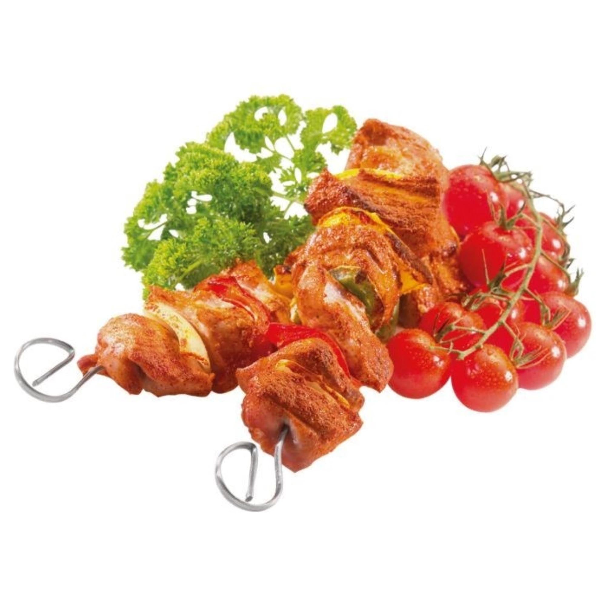 Set aus 4 robusten Edelstahl-Schaschlikspießen, 21 cm lang, ideal für Grillgerichte, langlebig, pflegeleicht und vielseitig einsetzbar.