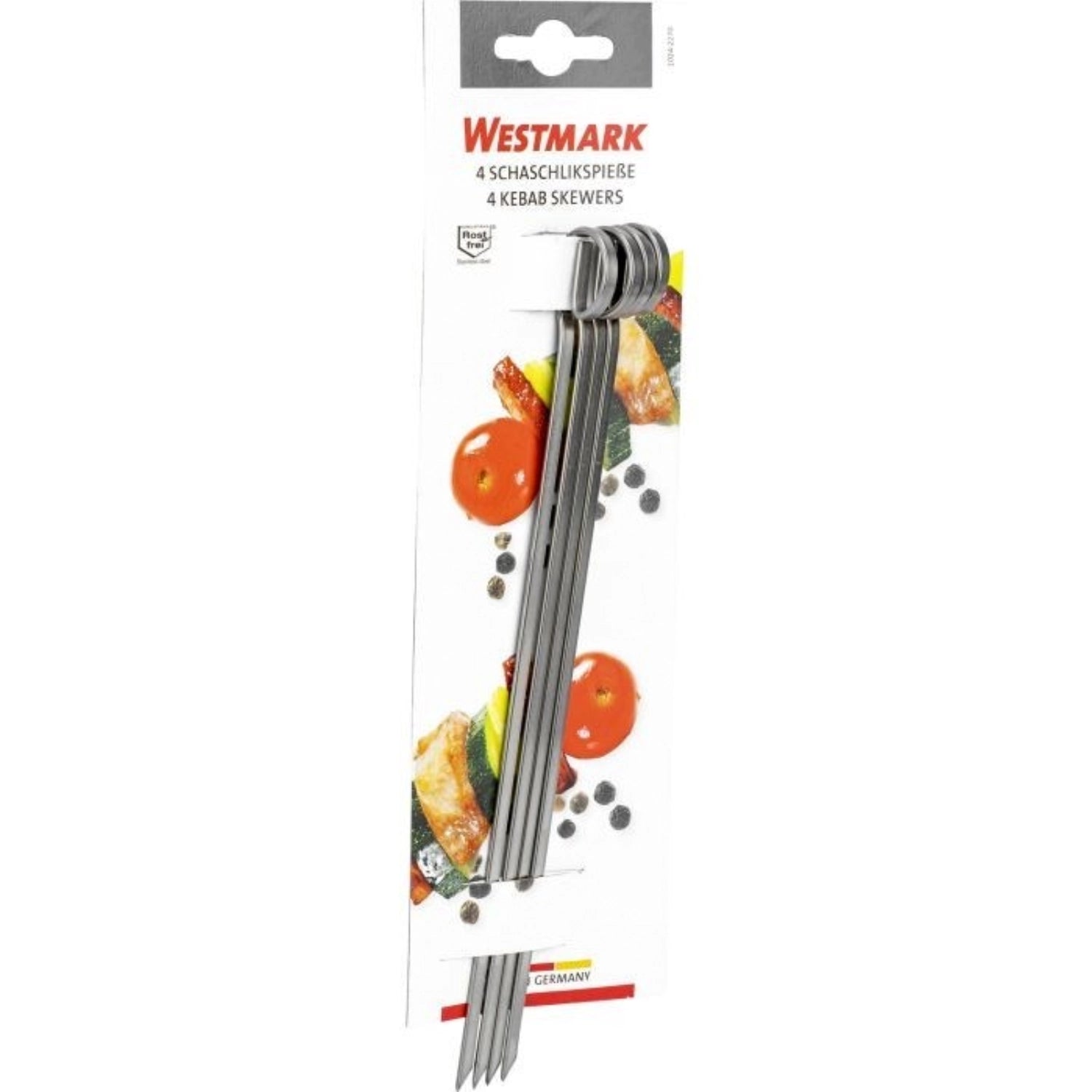 Set von 4 langlebigen Schaschlikspießen aus Edelstahl, perfekt für Grillabende und kreative Spießrezepte, Maße: 21x0.5x0.3 cm.