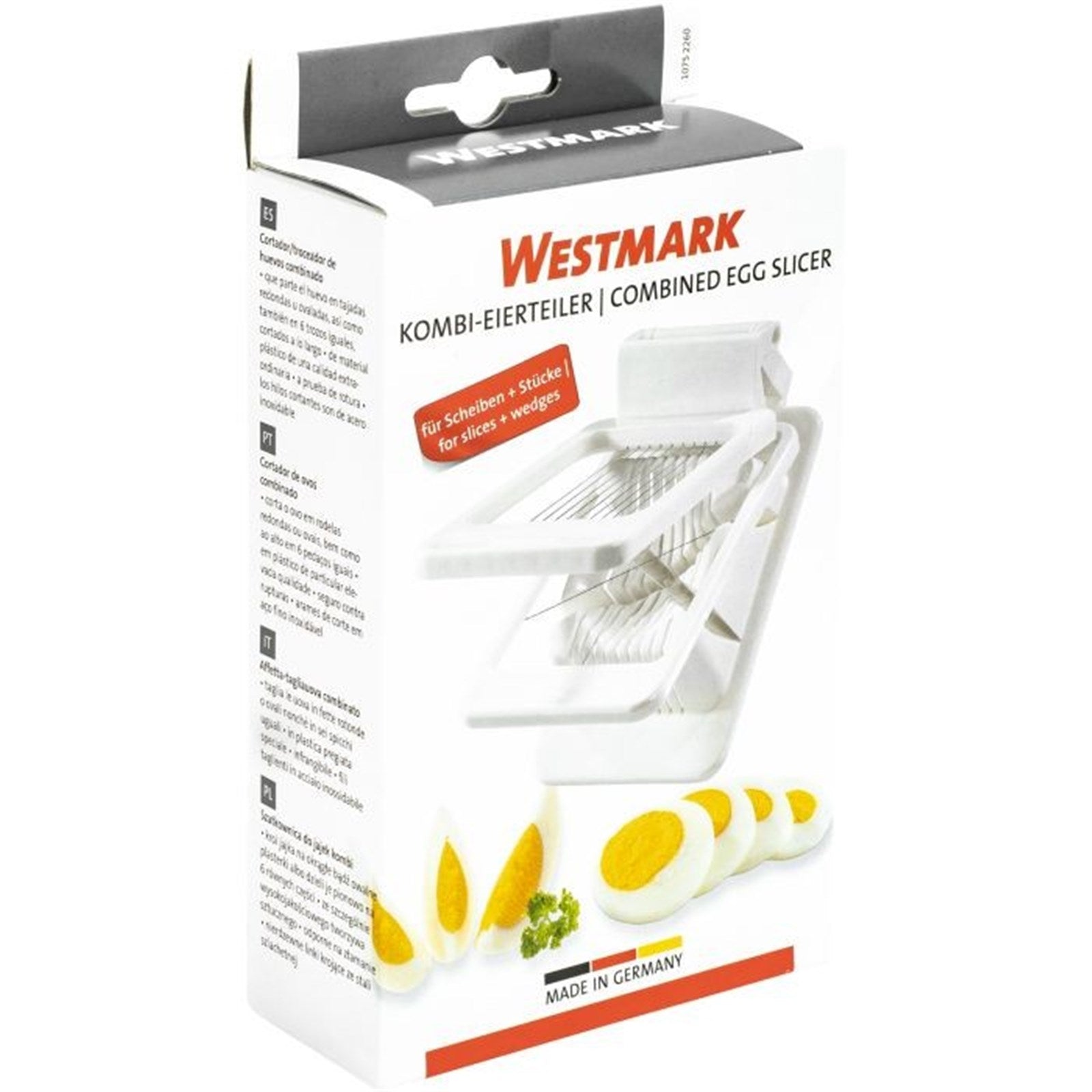 Praktischer Kombi-Eierteiler von Westmark, ideal zum Schneiden und Teilen von Eiern, kompakt mit Maßen 13.5x8.5x4cm, vielseitig einsetzbar.