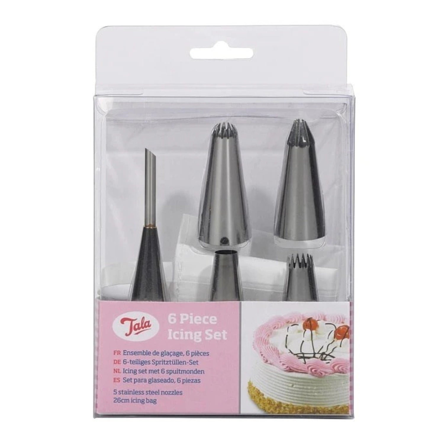 Vielseitiges 6-teiliges Spritzbeutel-Set von Tala mit 5 verschiedenen Aufsätzen und einem robusten Beutel, perfekt für kreative Dekorationen und Backprojekte.