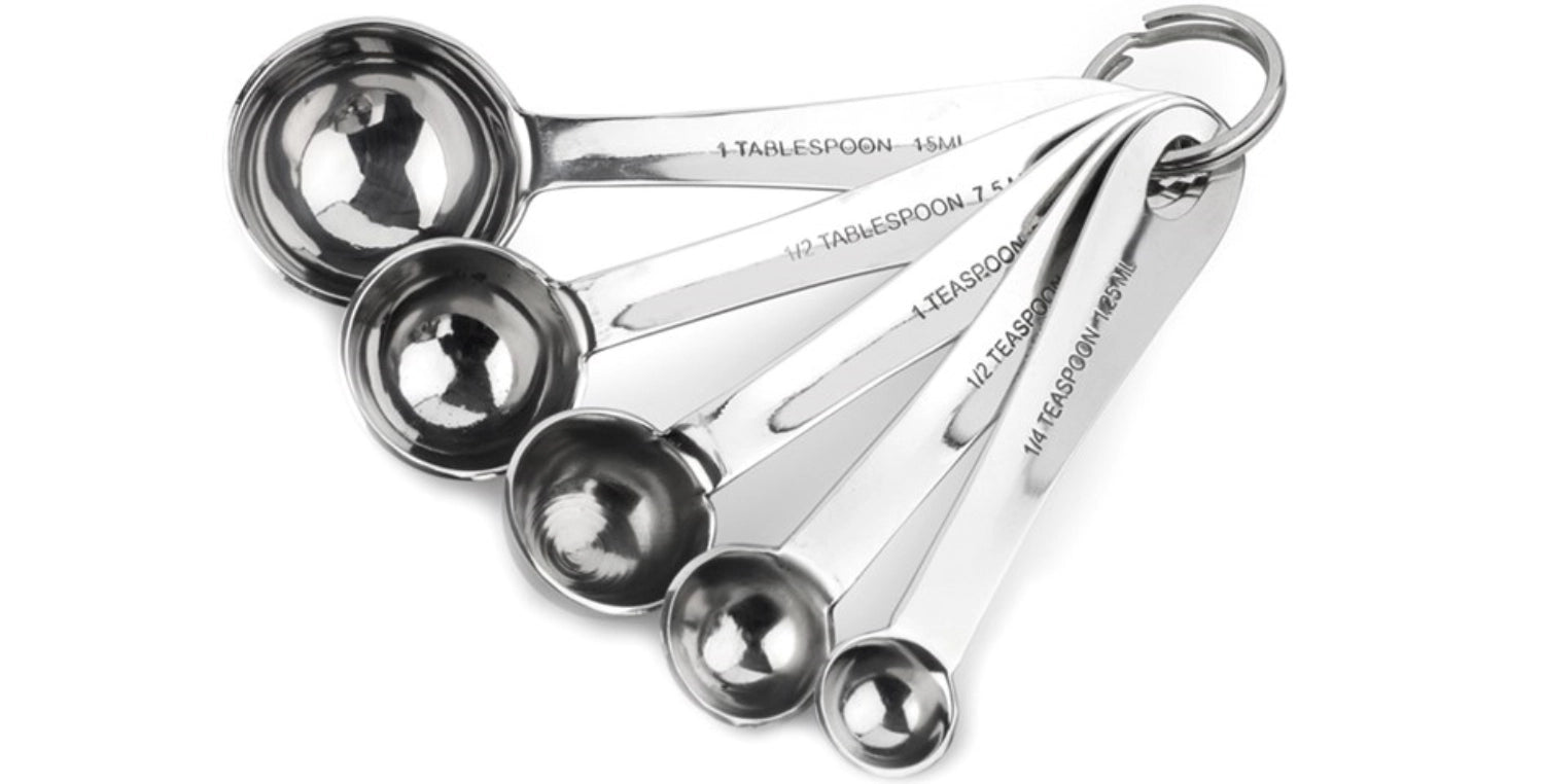 5-teiliges Messlöffel-Set aus Edelstahl von Tala, ideal zum präzisen Abmessen von Zutaten in der Küche, langlebig und stilvoll.
