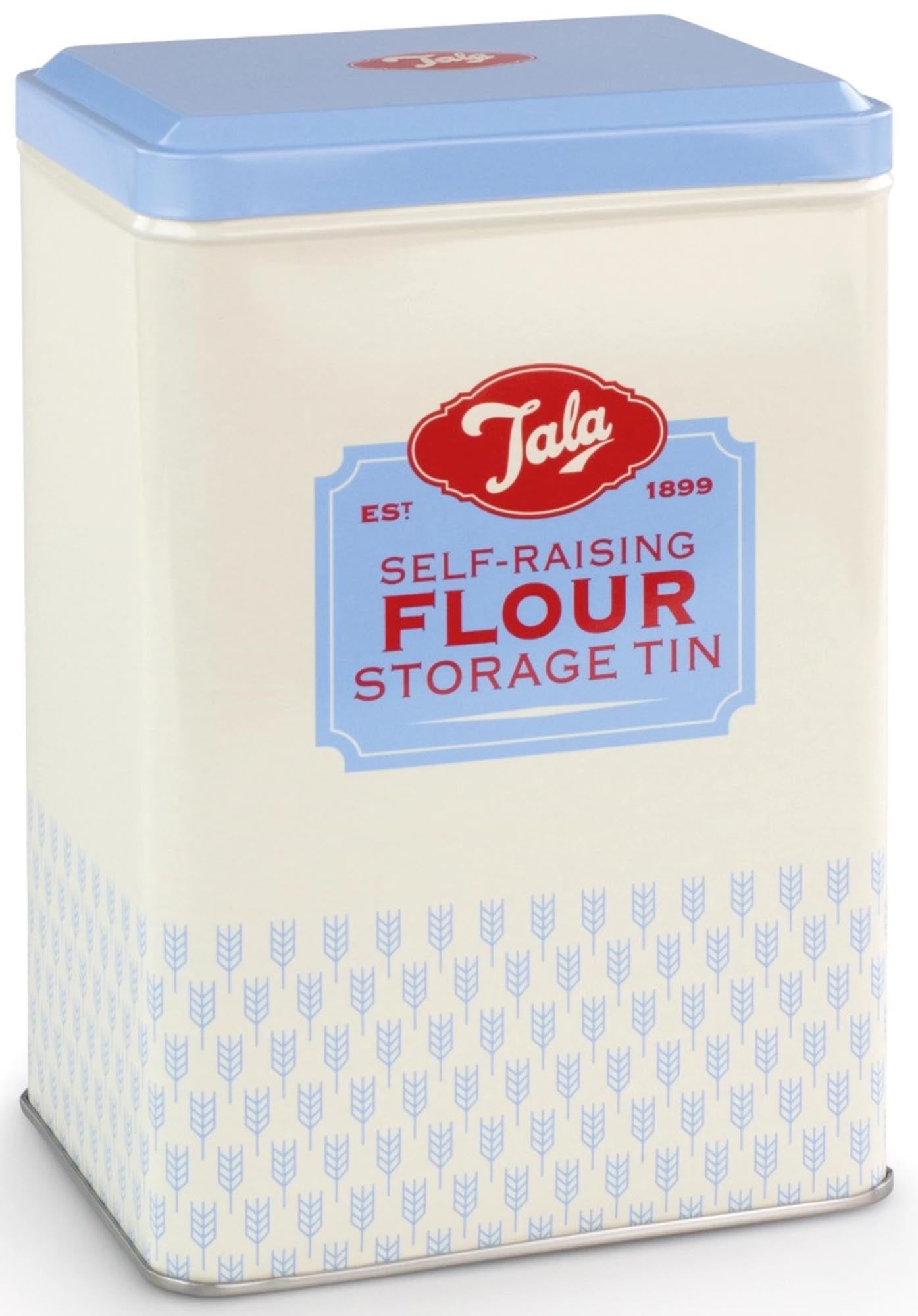 Elegante blaue Tala-Dose aus Weissblech für Self-Raising-Mehl. Schützt vor Feuchtigkeit, vielseitig und leicht zu reinigen.