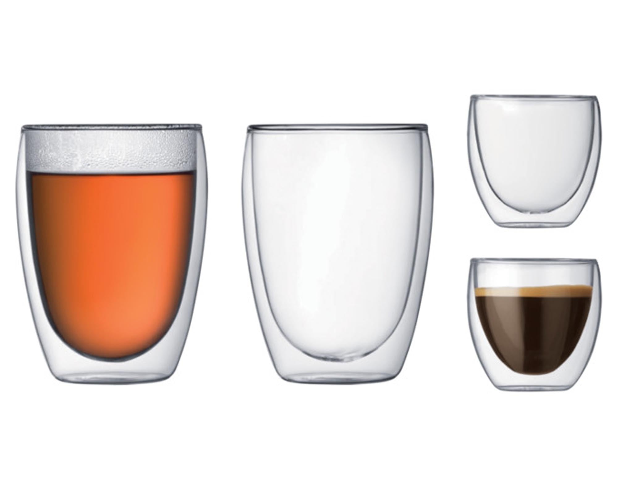 Stilvolle BODUM Trinkgläser, doppelwandig, 2 Größen, 4er-Set. Hält Getränke warm/kalt, aus Borosilikatglas, spülmaschinenfest.
