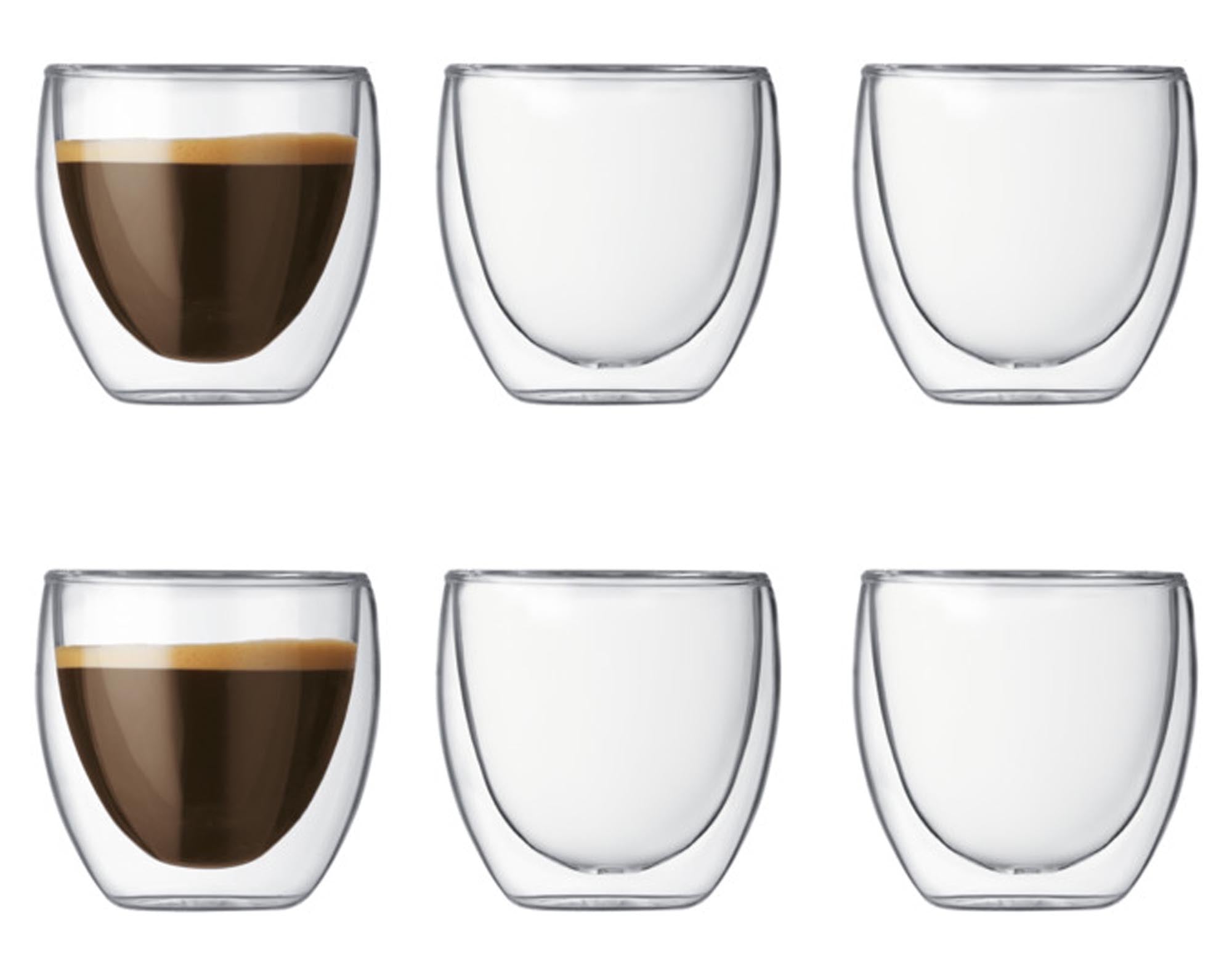 Doppelwandige Pavina-Gläser von BODUM: 6er-Set, 0.08 l, ideal für Espresso. Hochwertiges Borosilikatglas, isolierend, spülmaschinenfest.