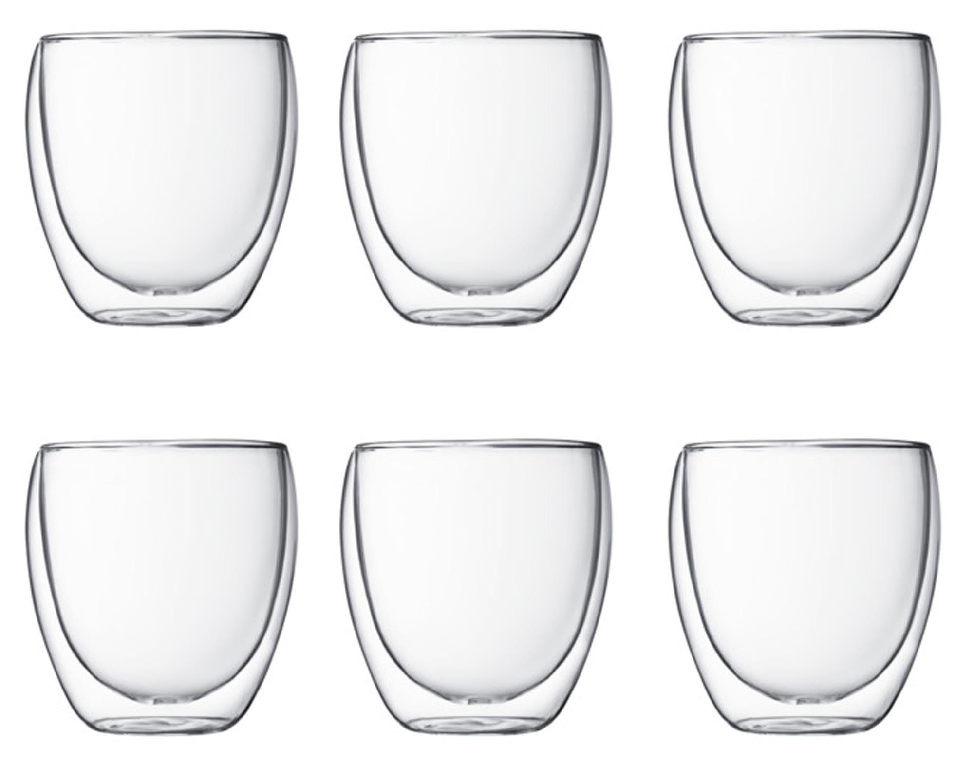 Elegantes 6er Set Pavina Gläser von BODUM, doppelwandig, 0.25 l, aus Borosilikatglas, ideal für heiße und kalte Getränke.