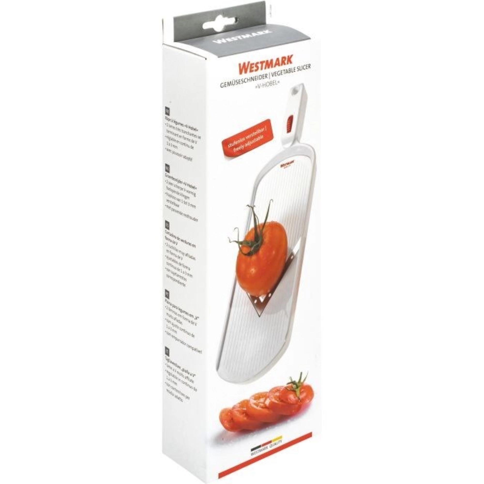 Effizienter V-Hobel Gemüseschneider von Westmark, 31x10x3cm, perfekt für gleichmäßiges Schneiden von Gemüse in variabler Stärke.