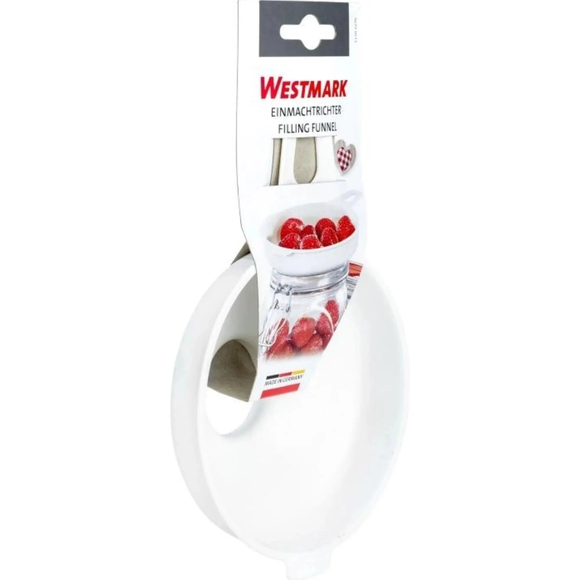 Hochwertiger Einmachtrichter von Westmark, perfekt für präzises Abfüllen. Maße: Ø12,5 cm oben, Ø3,7 cm unten, 20x13x5 cm.