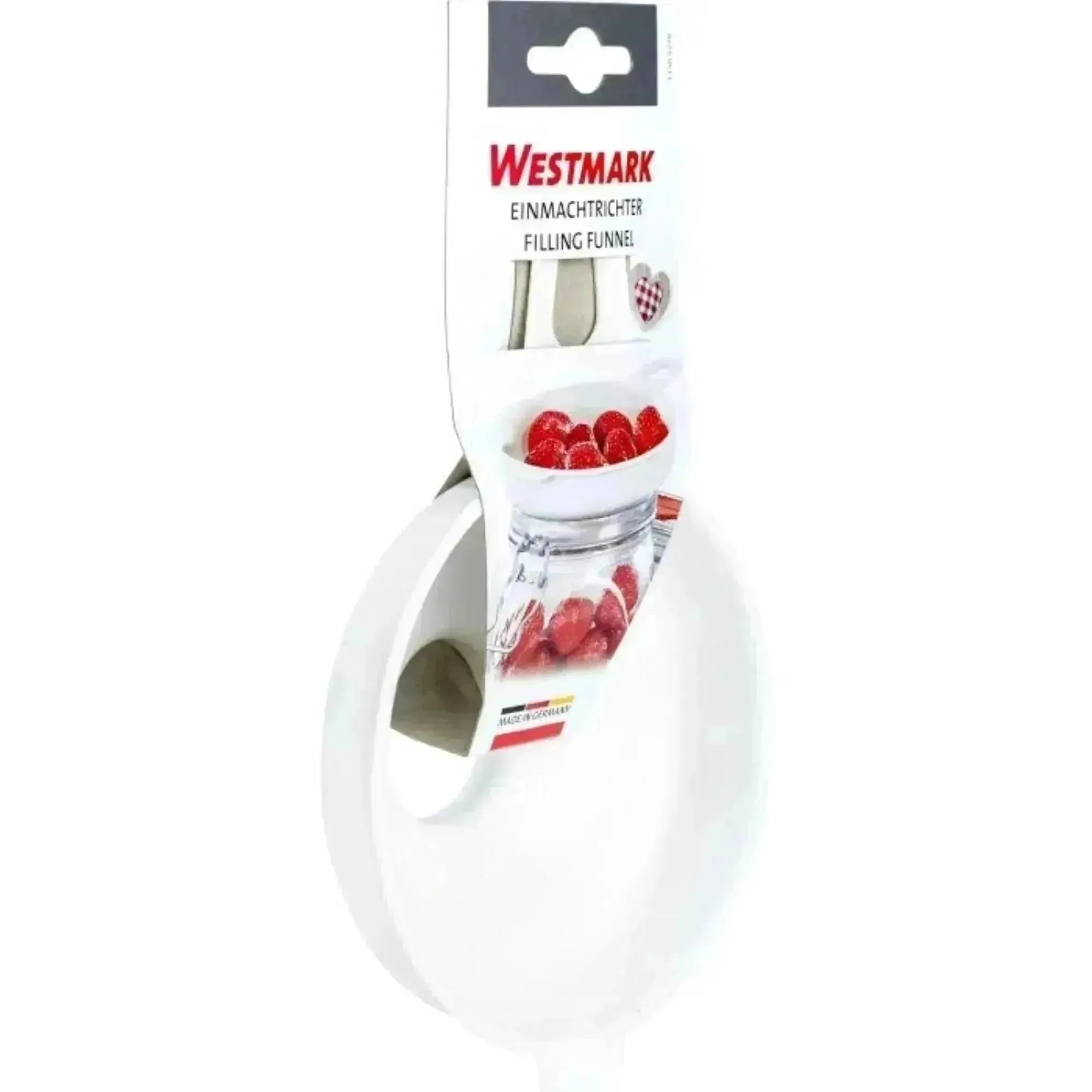 Hochwertiger Einmachtrichter von Westmark, perfekt für präzises Abfüllen. Maße: Ø12,5 cm oben, Ø3,7 cm unten, 20x13x5 cm.