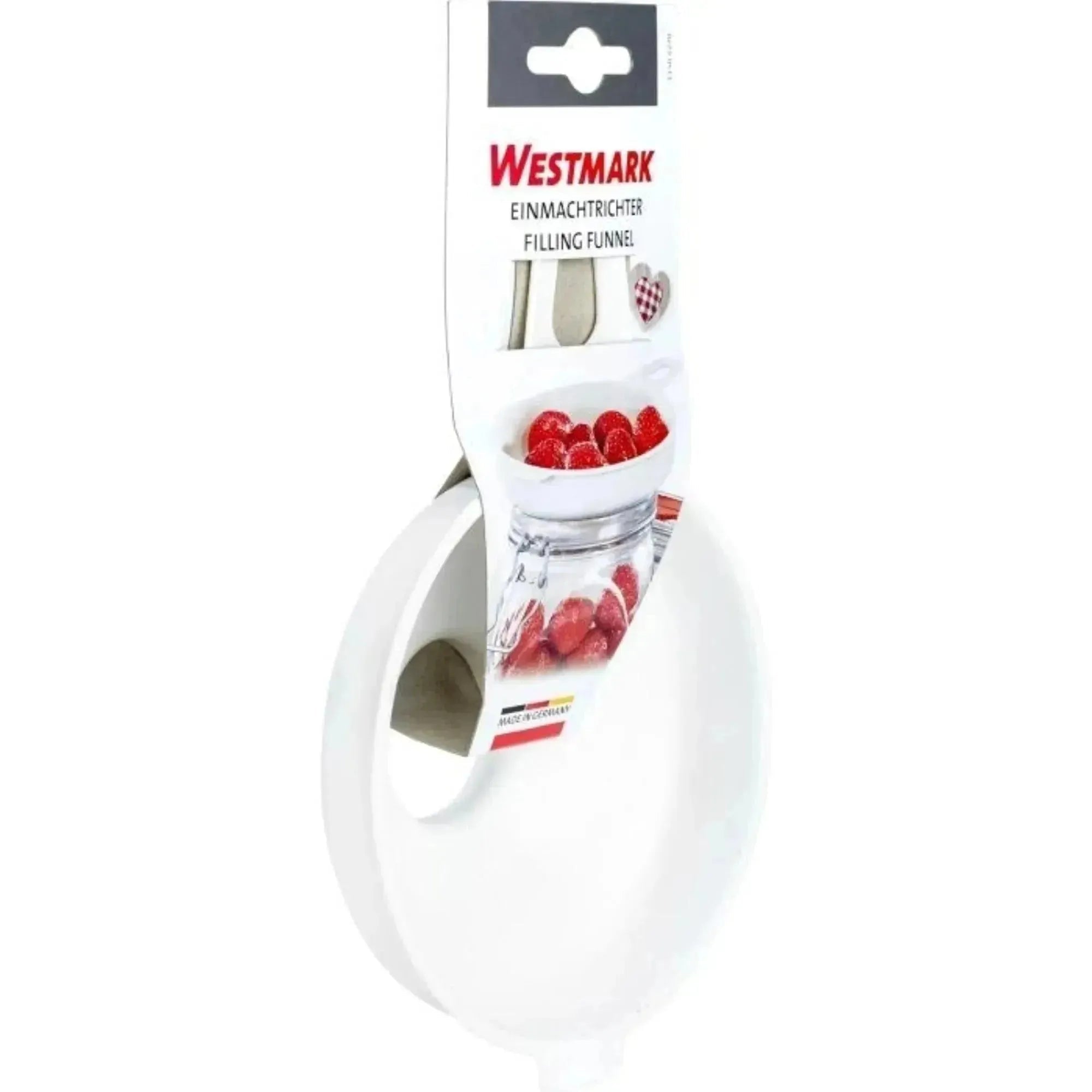 Hochwertiger Einmachtrichter von Westmark, perfekt für präzises Abfüllen. Maße: Ø12,5 cm oben, Ø3,7 cm unten, 20x13x5 cm.