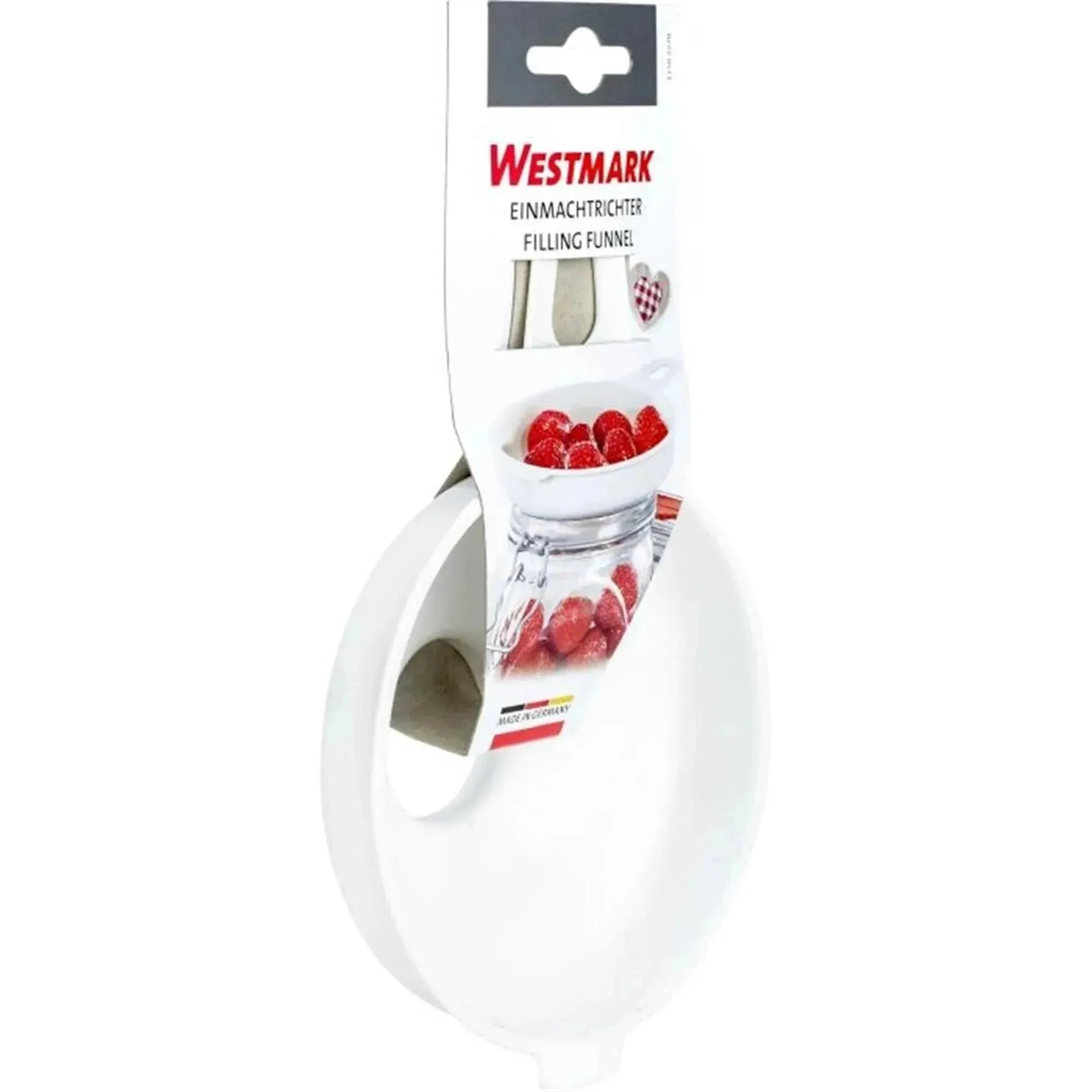 Praktischer Einmachtrichter von Westmark, ideal für sauberes Abfüllen. Maße: Ø12,5 cm oben, Ø3,7 cm unten, 20x13x5 cm.