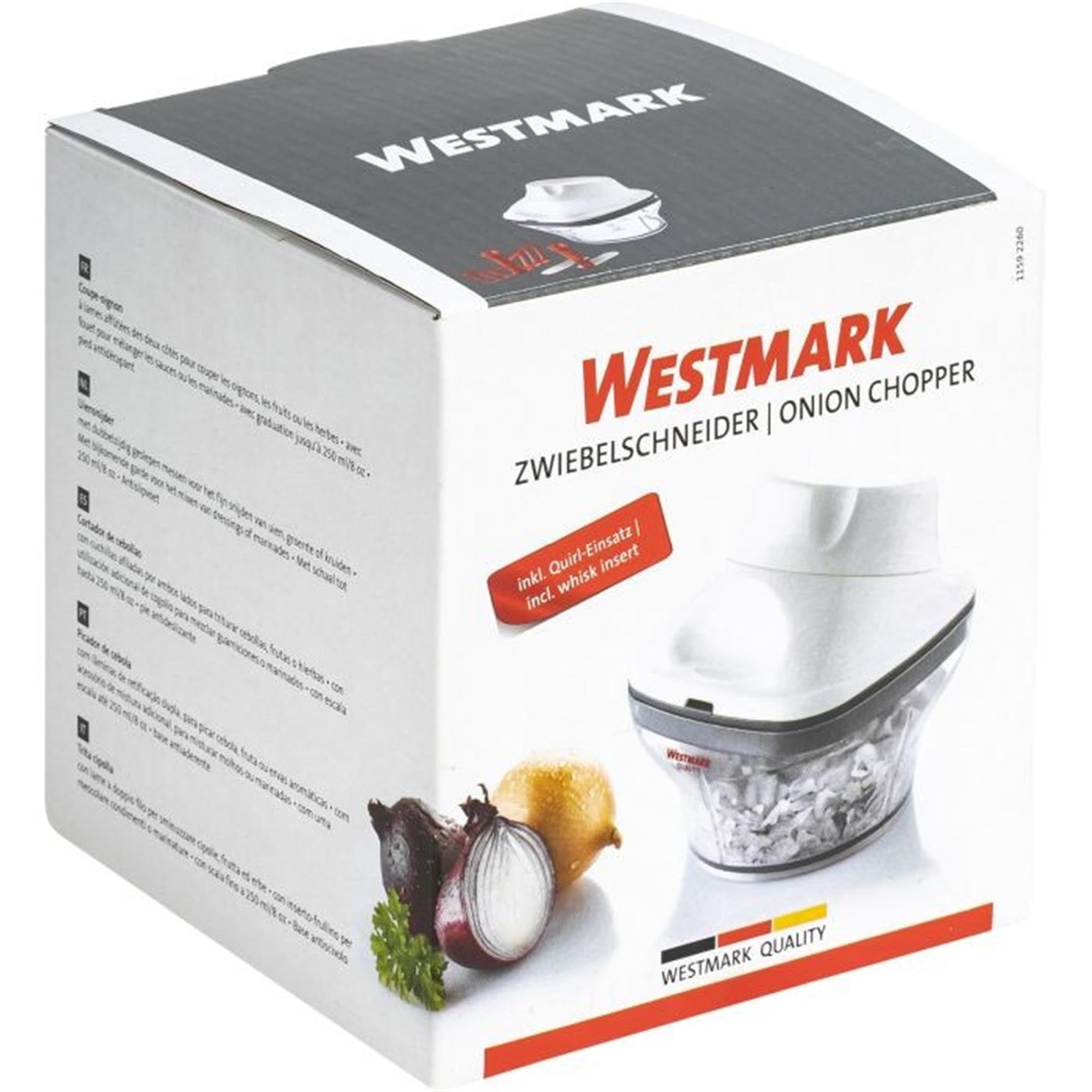 Praktischer Zwiebelschneider mit Quirl-Einsatz von Westmark, kompakt und effizient, ideal für schnelles und sauberes Schneiden.
