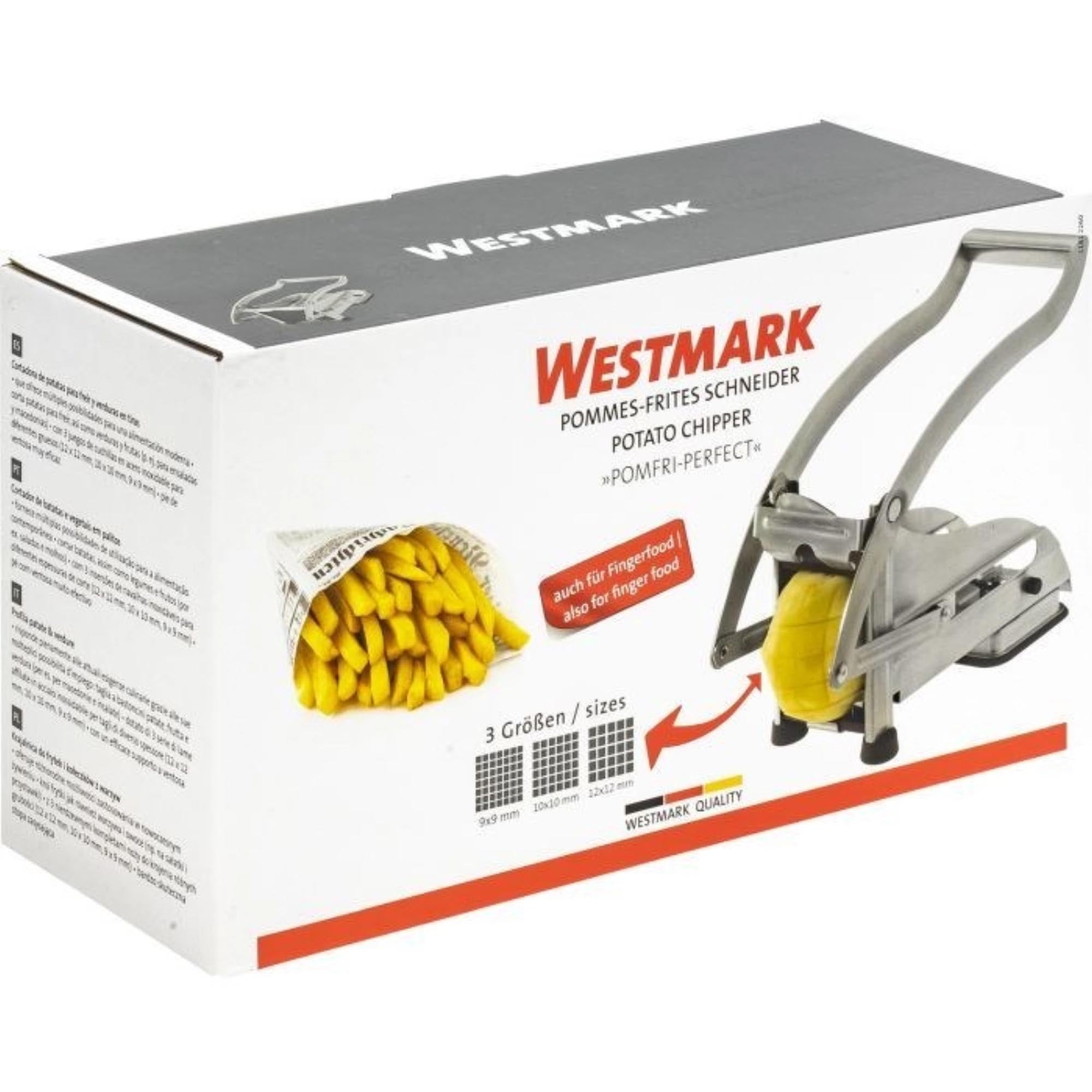 Der Westmark Pomfri-Perfekt Pommesschneider (25x10x13cm) schneidet Kartoffeln präzise in gleichmäßige Pommes, ideal für die Küche.