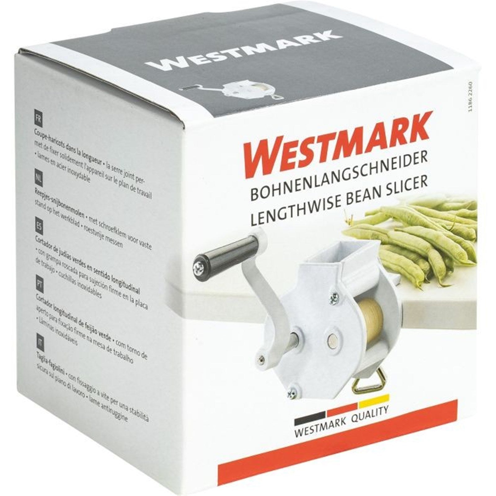 Effizienter Bohnenlangschneider von Westmark, 13x15x9cm, für gleichmäßige Streifen und einfache Bohnenzubereitung.