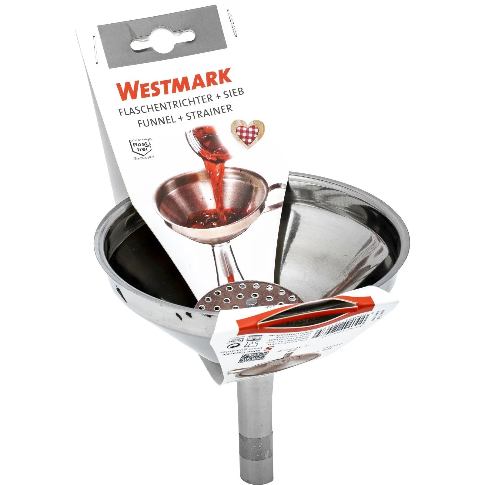 Hochwertiger Flaschentrichter mit Sieb von Westmark, perfekt für sauberes Abfüllen, oben Ø 12 cm, unten Ø 1-1,3 cm, robust und praktisch.