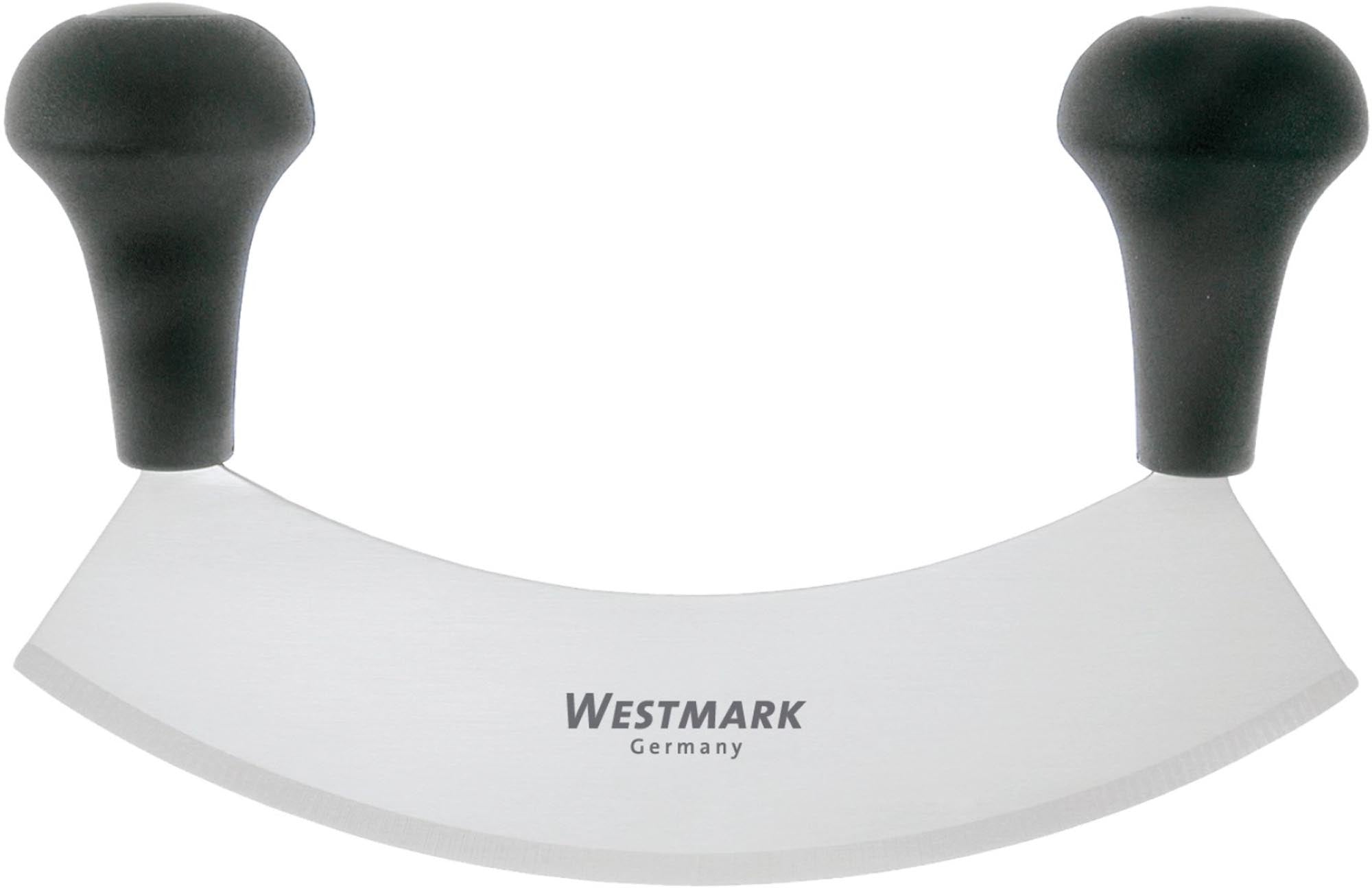 Entdecken Sie das Westmark Wiegemesser Uno (17,5x4x12cm) – ein hochwertiges Küchenmesser aus Edelstahl mit ergonomischem Griff, ideal zum Zerkleinern von Kräutern und Gemüse.