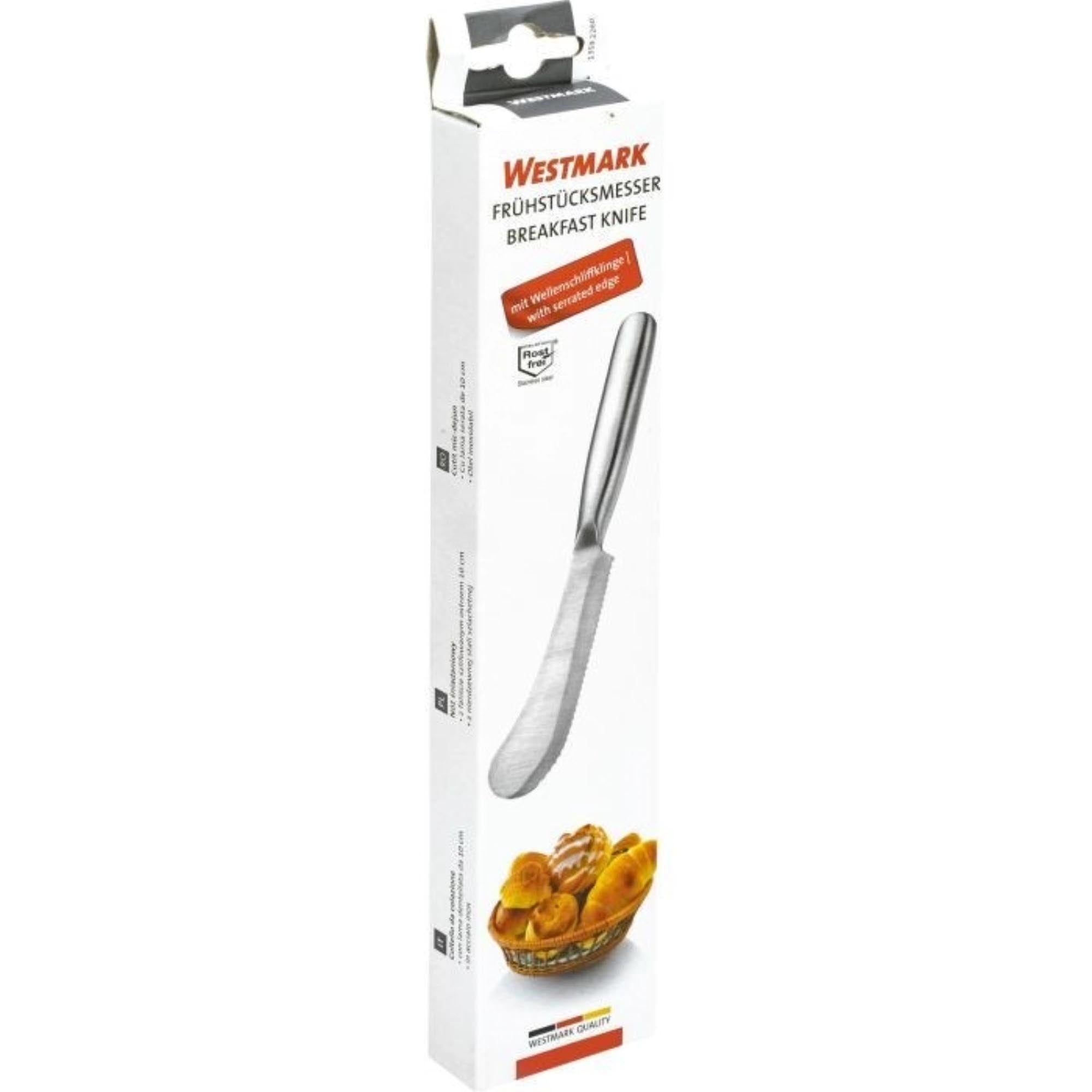 Hochwertiges Frühstücksmesser von Westmark mit 10 cm Wellenschliffklinge, perfekt für Brot und Brötchen, Maße: 22x3.3x1.6 cm.