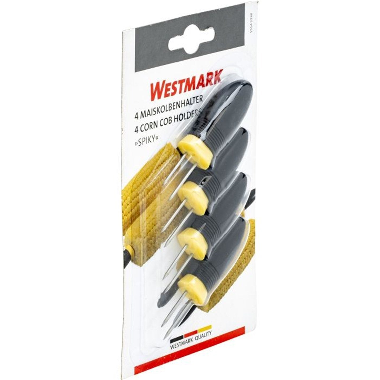 Set mit 4 Maiskolbenhaltern von Westmark, perfekt für komfortables Halten von Maiskolben, Maße: 7.5x1.5x1.5cm, robust und praktisch.