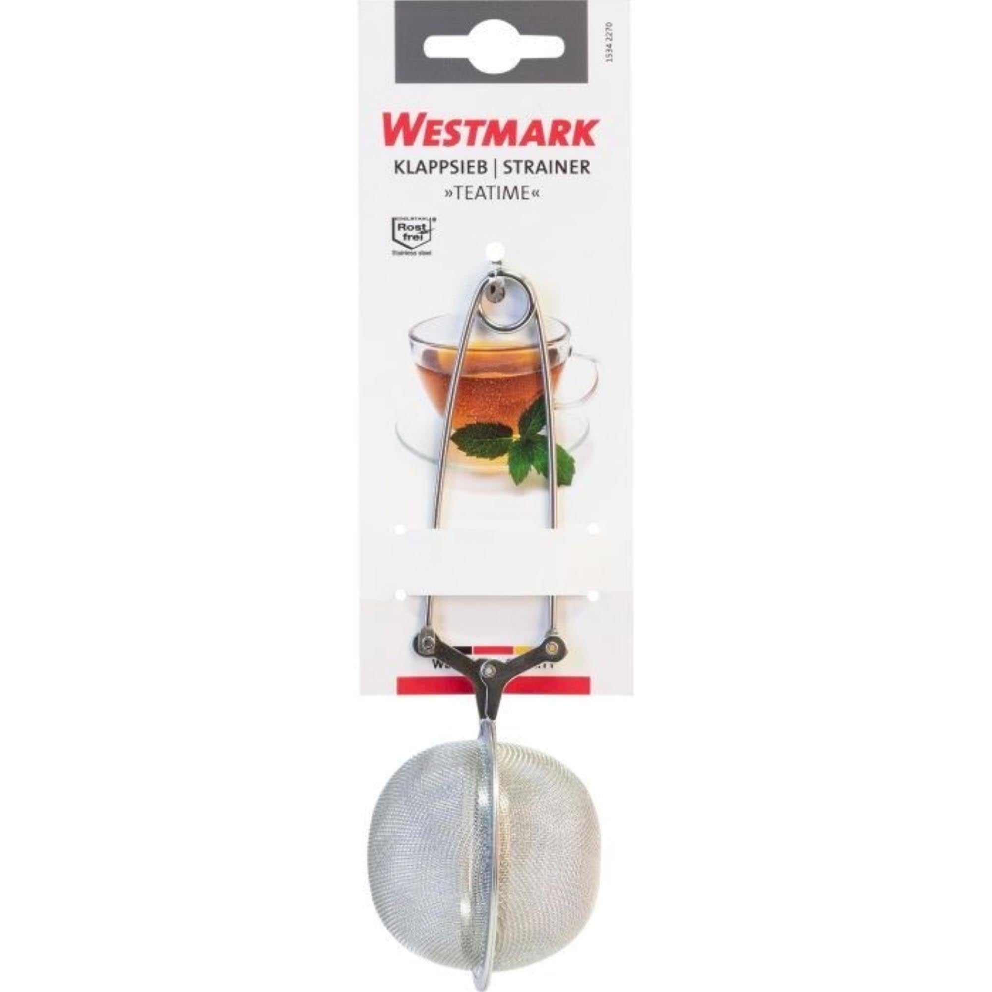 Kompaktes Klappsieb aus Edelstahl von Westmark, ideal für die Küche, platzsparend und vielseitig, Maße: 17x6.5x5cm.