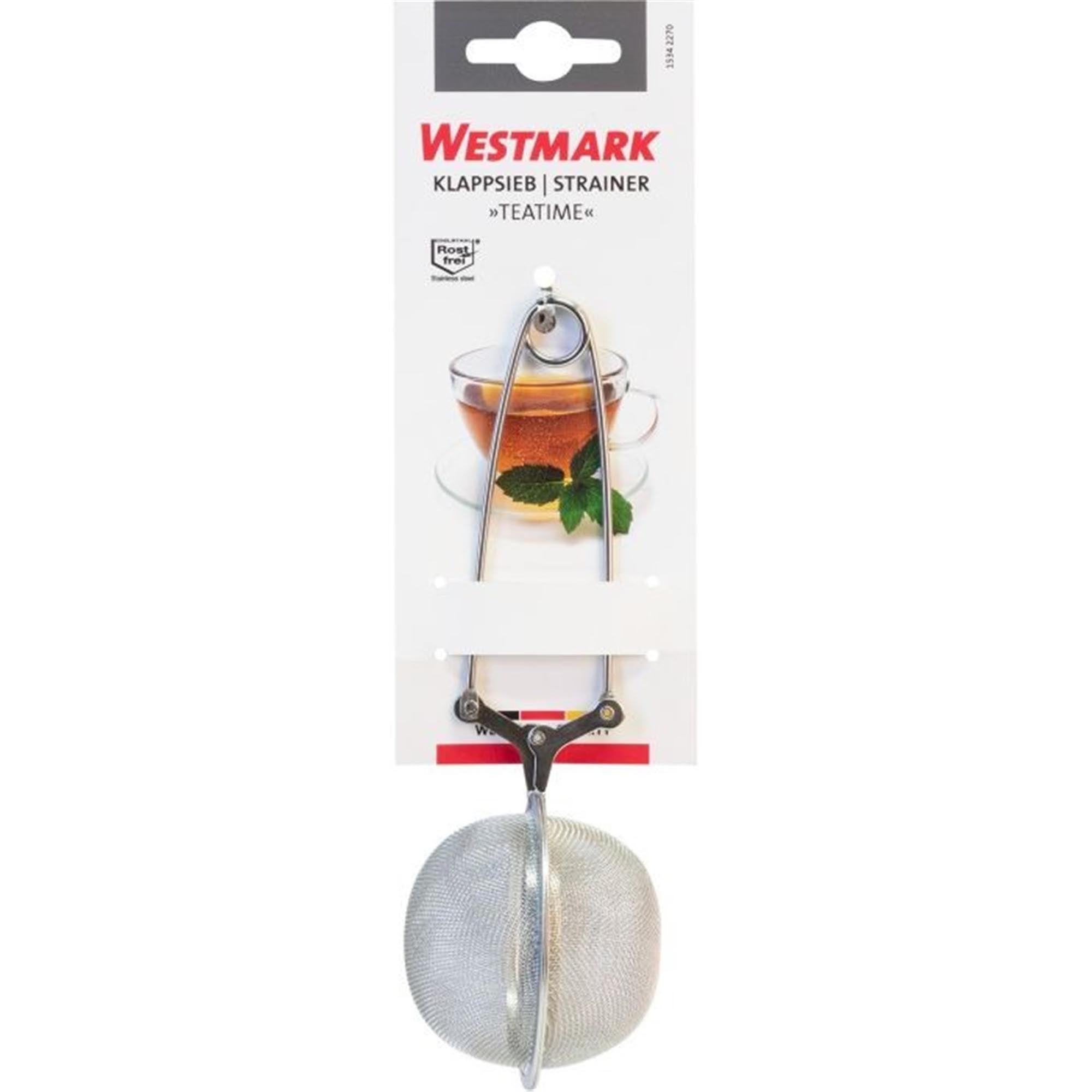 Praktisches Klappsieb aus Edelstahl von Westmark, kompakt und vielseitig, ideal für Küche und Haushalt, Maße: 17x6.5x5cm.