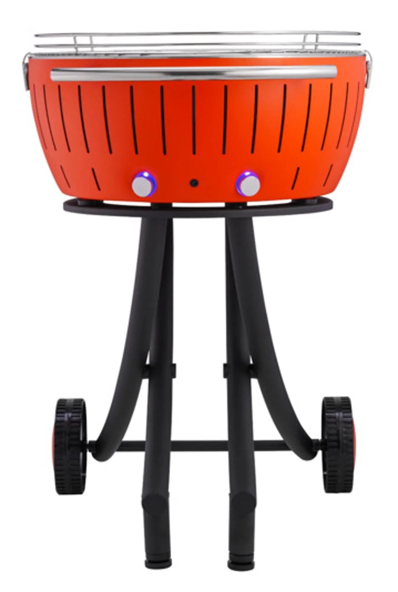 Der LotusGrill XXL in leuchtendem Mandarinorange bietet eine 50 cm Grillfläche, effiziente Luftzirkulation und ist aus rostfreiem Edelstahl.