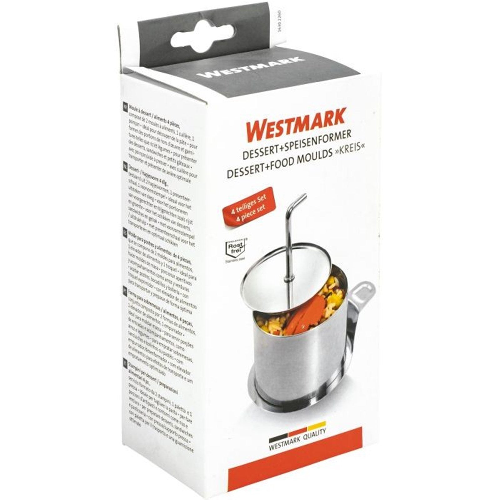 4-teiliges Set runder Speiseformer von Westmark, 7,5 x 5,5 cm, ideal für Desserts und kreative Anrichtungen von Speisen.
