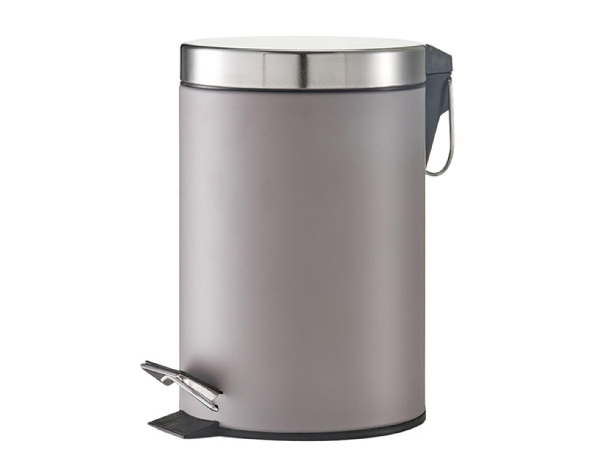 Moderner grauer Treteimer aus Metall, 3 Liter Fassungsvermögen, kompakt mit Ø 17x26 cm, ideal für Bad oder Küche.