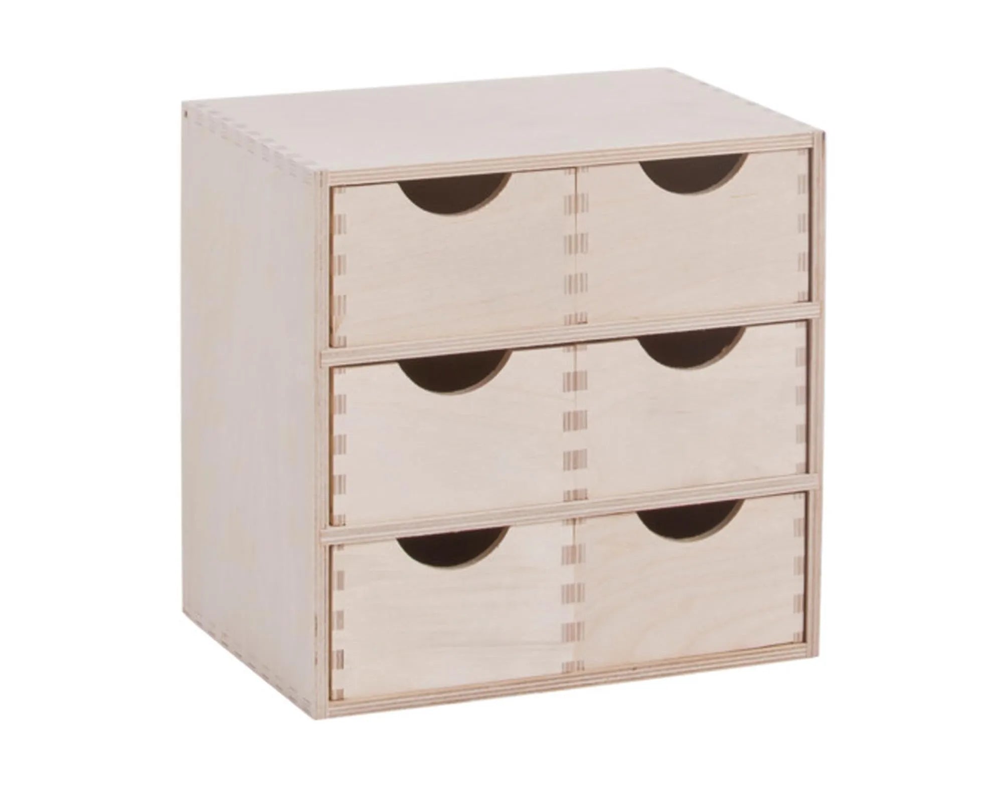 Stilvolle Schubladenbox aus Birkenholz, 6 Fächer, 28x20x28 cm, ideal für Büro, Schmuck & Bastelbedarf. Robust & pflegeleicht.