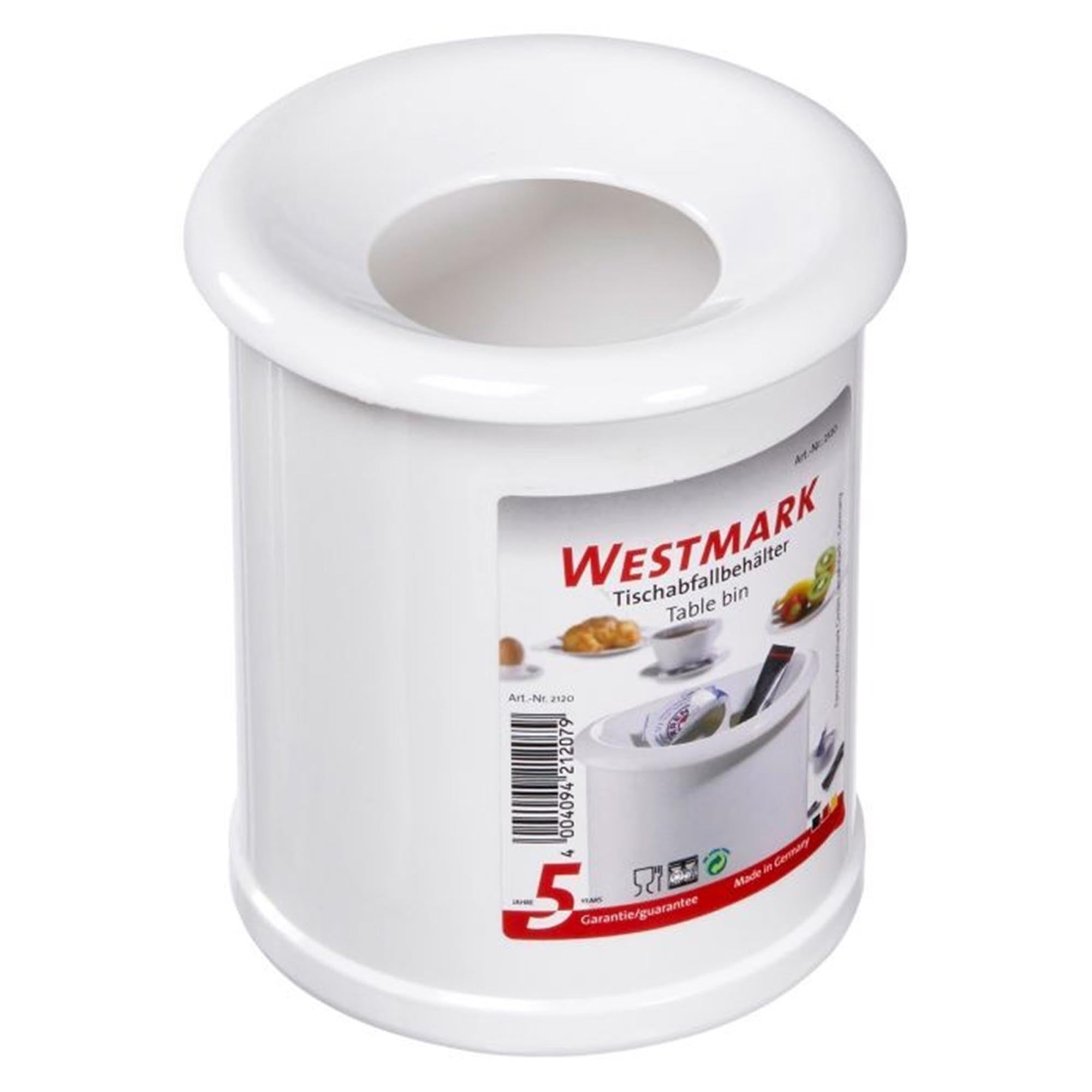 Weißer Tischabfallbehälter von Westmark, kompakt mit 1 Liter Volumen, ideal für Küchenabfälle, Maße: 12,4x12,4x14,2 cm.