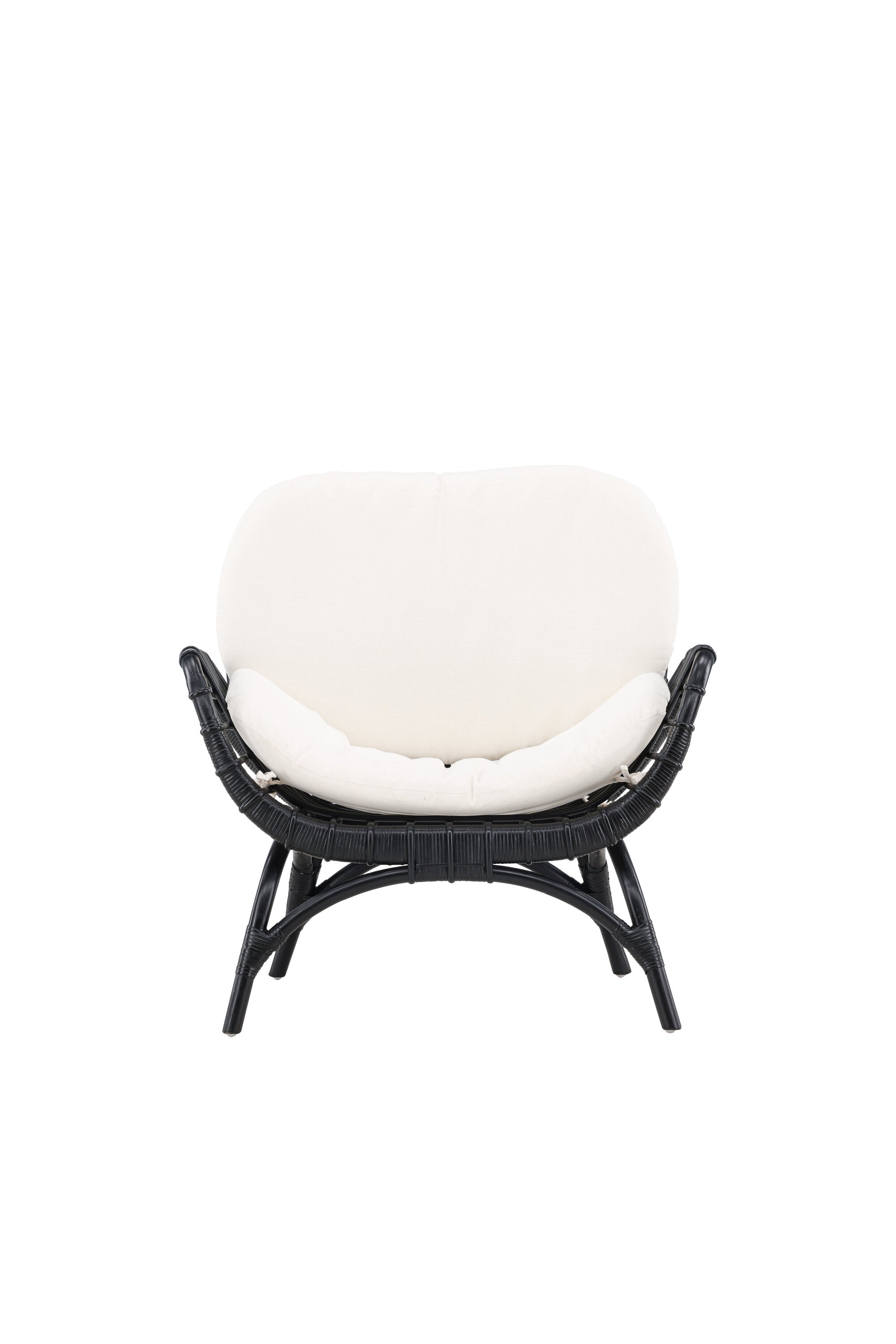 Der Moana Lounge Stuhl: Eleganz trifft Komfort. Schwarzes Design mit weissen Kissen, ideal für stilvolle Entspannung.