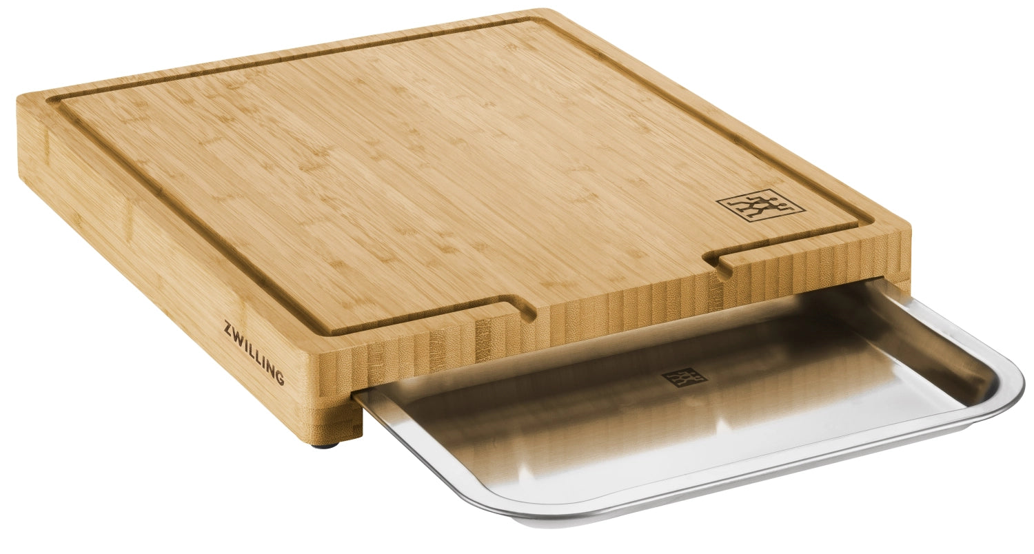Hochwertiges BBQ+ Schneidebrett aus Bambus mit praktischer Schublade, 39x30cm, ideal für die Zubereitung von Grillgerichten.