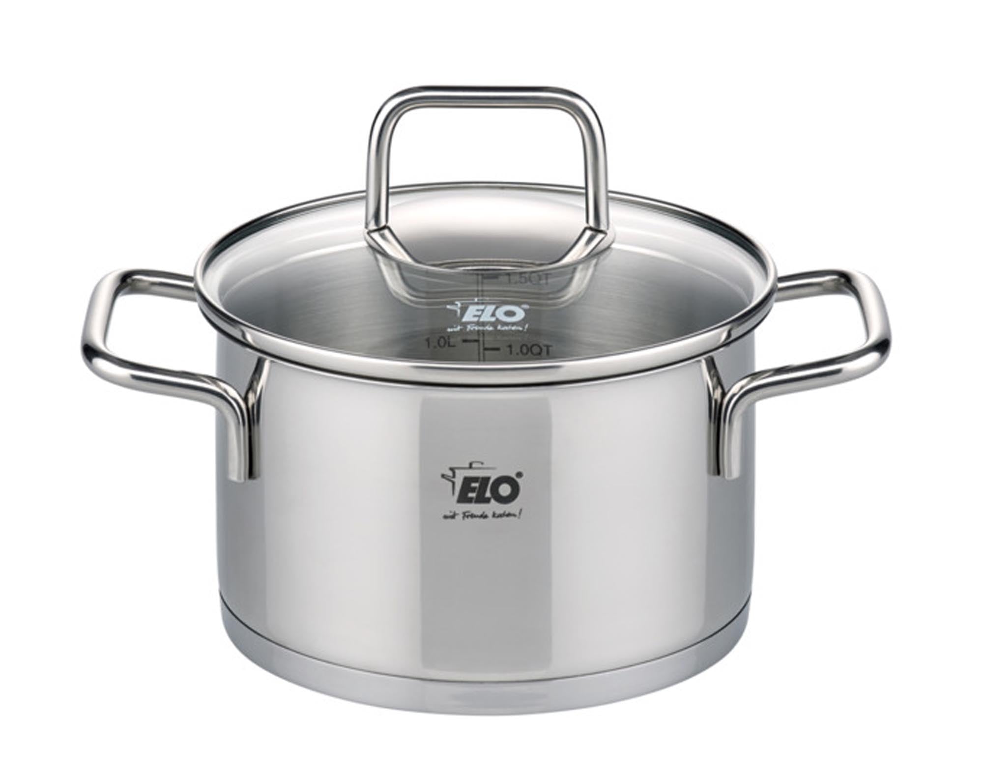 Entdecken Sie den ELO Kochtopf Citrin ø 14 cm mit Deckel – ideal für kleine Portionen, hitzebeständige Griffe und pflegeleichte Edelstahl-Oberfläche.