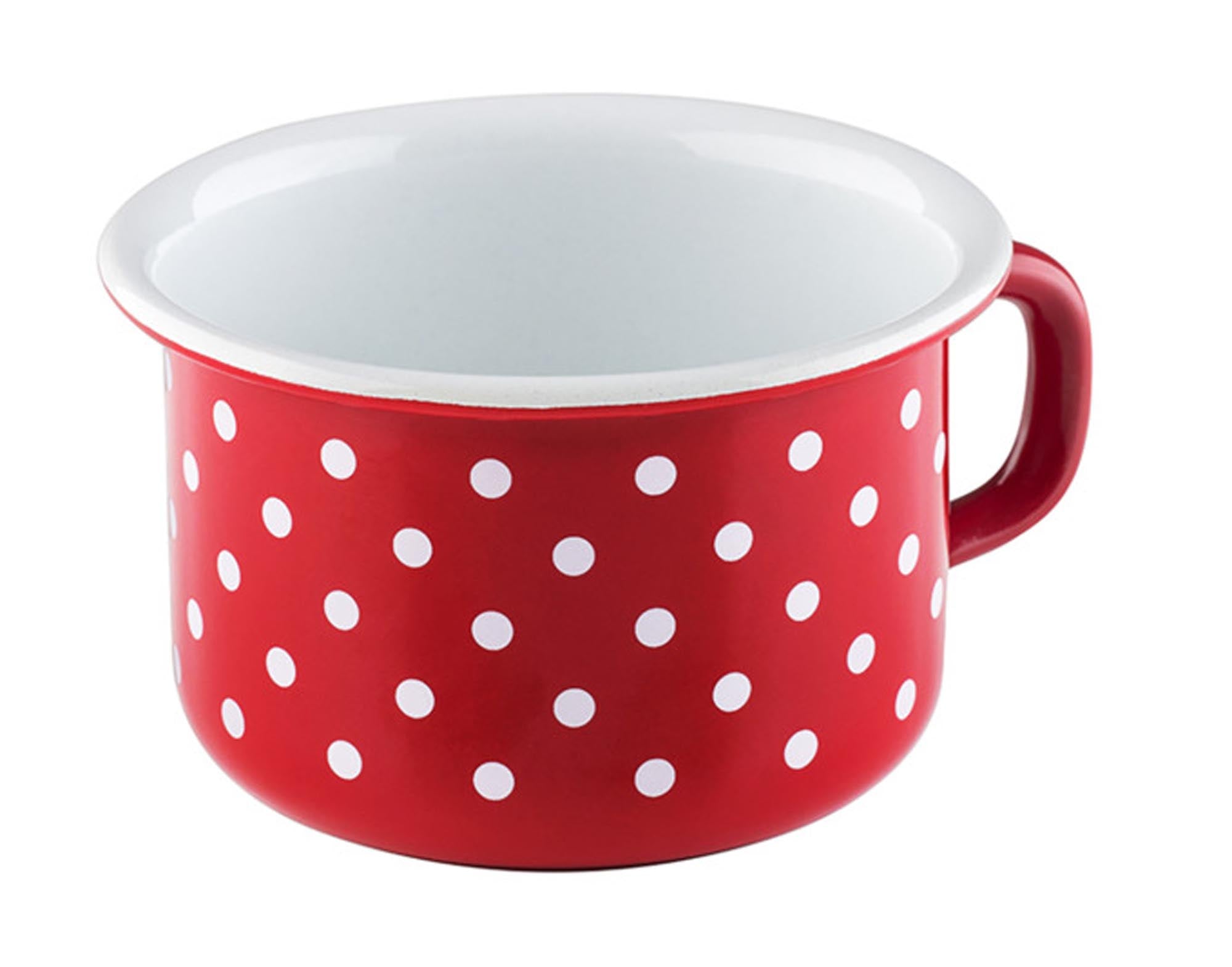 Entdecken Sie die charmante RIESS Tasse 0.4 l Pünktchen rot aus emailliertem Stahlblech – stilvoll, robust und perfekt für Ihre Heißgetränke!